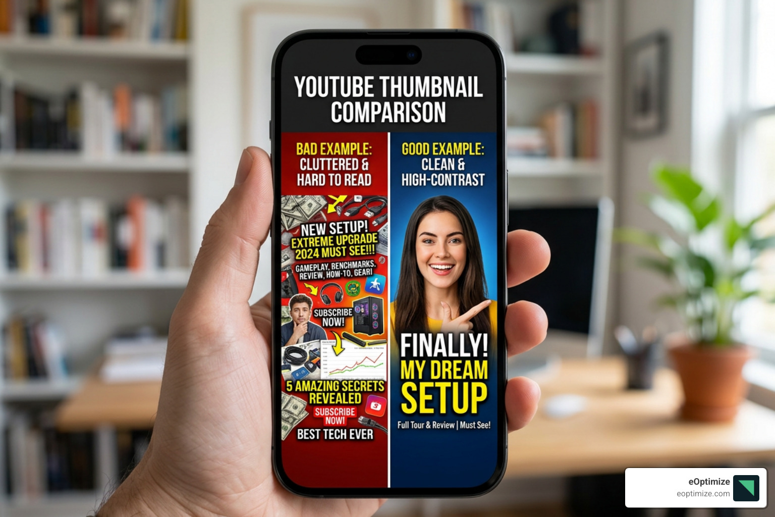 A split screen showing a 'bad' cluttered thumbnail versus a 'good' high-contrast, simple mobile-first thumbnail design