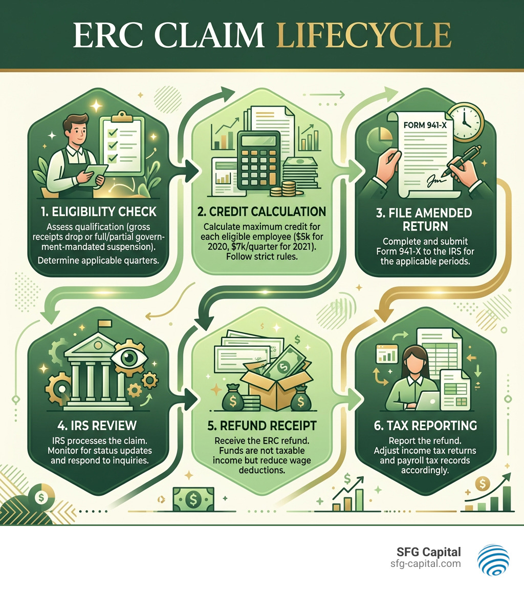 ERC claim lifecycle infographic showing steps from eligibility check to refund receipt and tax reporting - erc refund ERC claim lifecycle infographic showing steps from eligibility check to refund receipt and tax reporting - erc refund