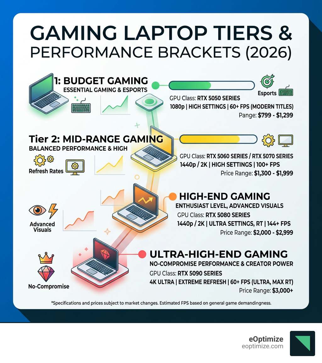 Gaming laptop tiers and performance brackets by GPU class and price range - best laptops for gaming infographic Gaming laptop tiers and performance brackets by GPU class and price range - best laptops for gaming infographic