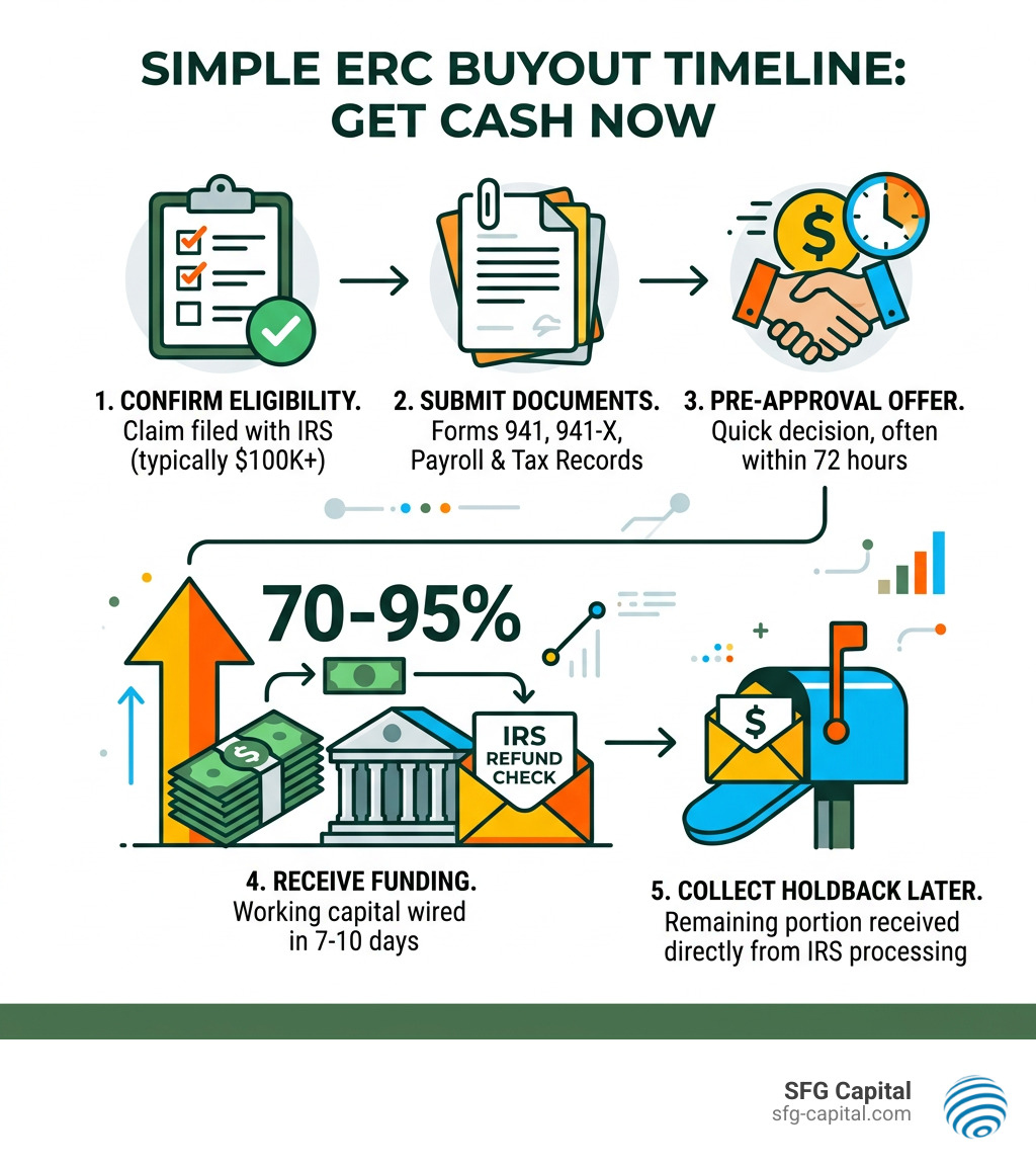 ERC buyout timeline infographic showing steps from application to IRS holdback - buyout erc refund now infographic 