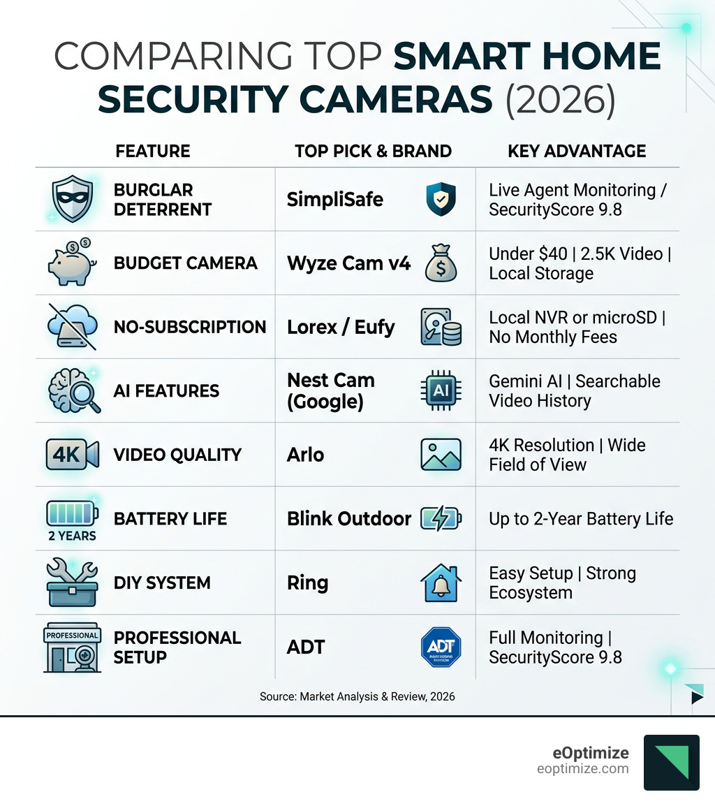 Comparison of top smart home security camera brands by security score, features, and subscription cost - smart home security Comparison of top smart home security camera brands by security score, features, and subscription cost - smart home security