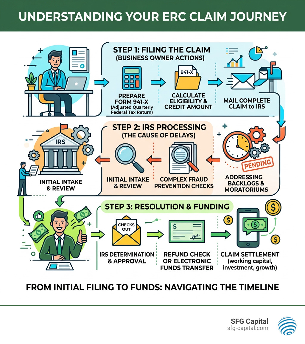 ERC claim journey infographic from filing Form 941-X to IRS processing to funding - Employee Retention Credit delays