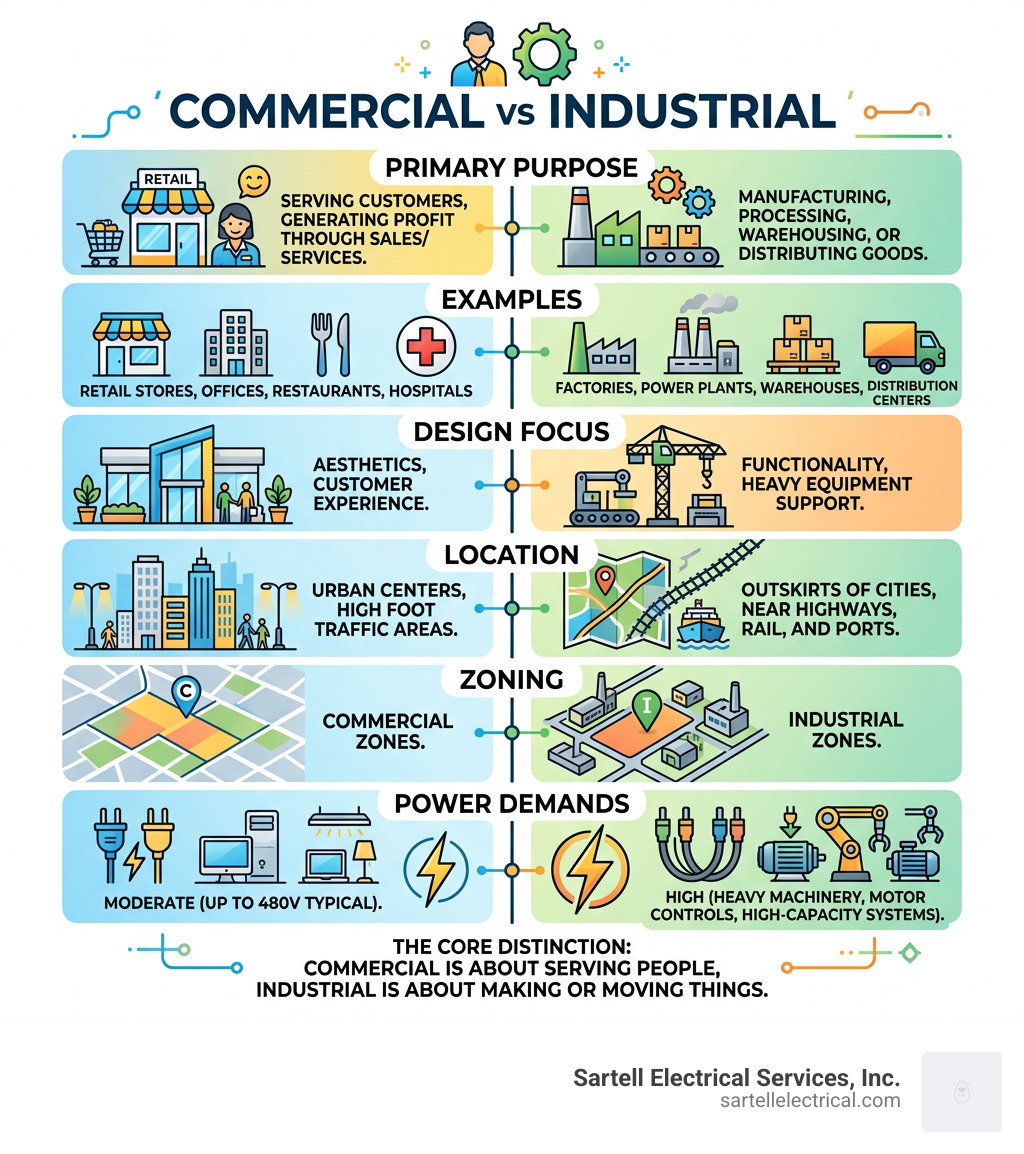 Infographic comparing commercial vs industrial sectors: purpose, design, location, power, and zoning - commercial vs Infographic comparing commercial vs industrial sectors: purpose, design, location, power, and zoning - commercial vs