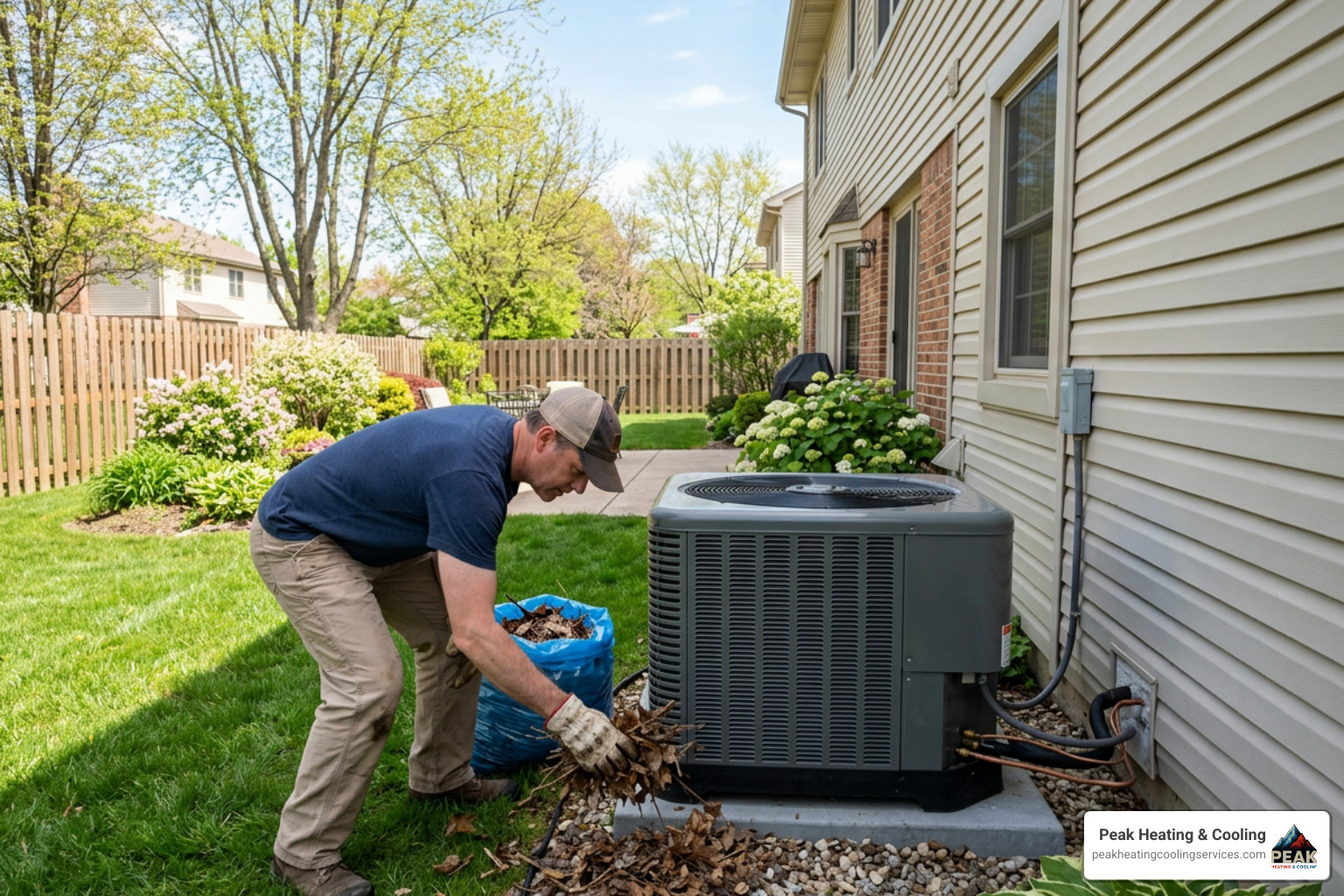 A homeowner in a Northbrook backyard clearing leaves and debris away from an outdoor AC condensing unit - ac and furnace