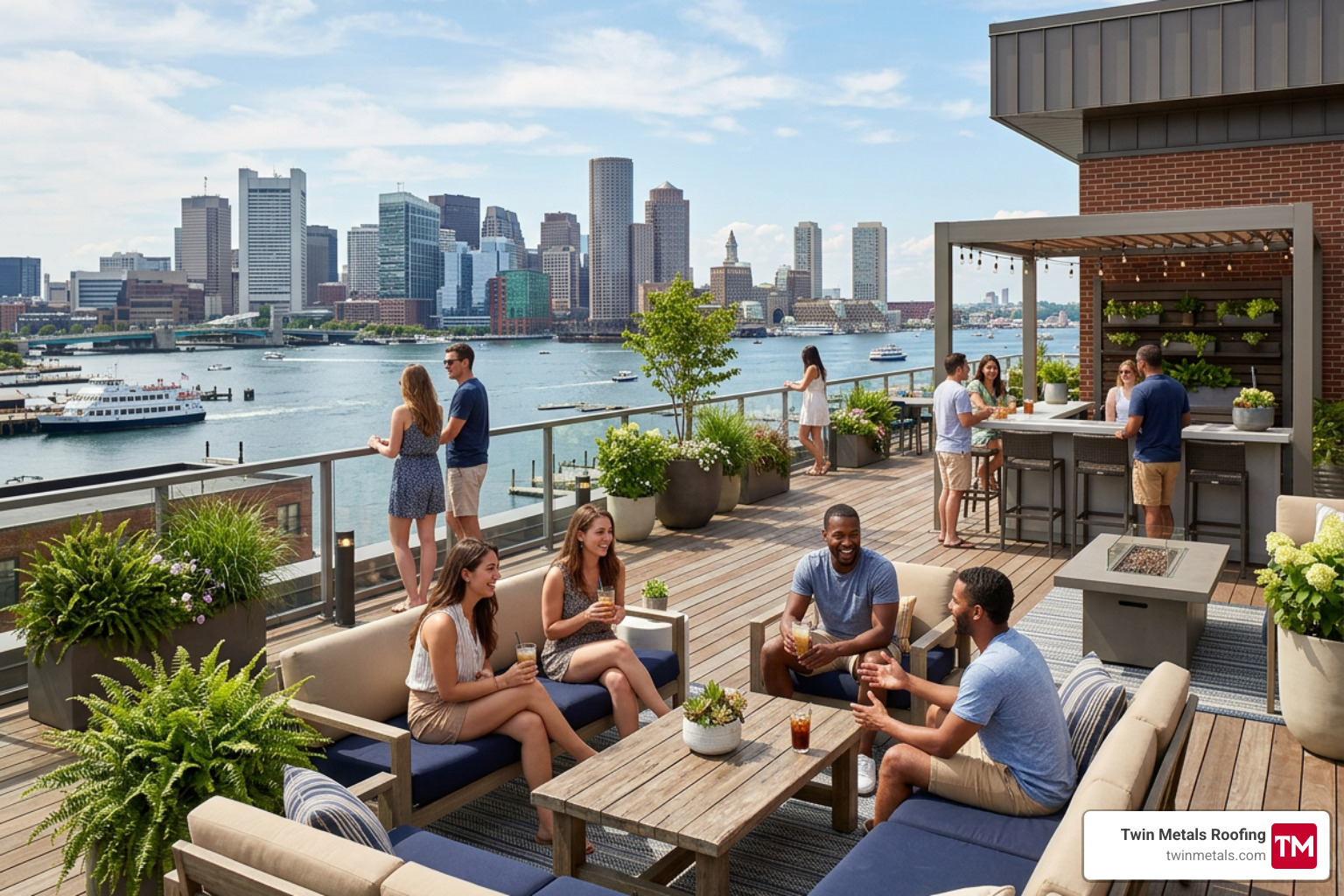 A rooftop deck in South Boston showing the lifestyle benefits of a flat roof system - Flat roof Boston A rooftop deck in South Boston showing the lifestyle benefits of a flat roof system - Flat roof Boston