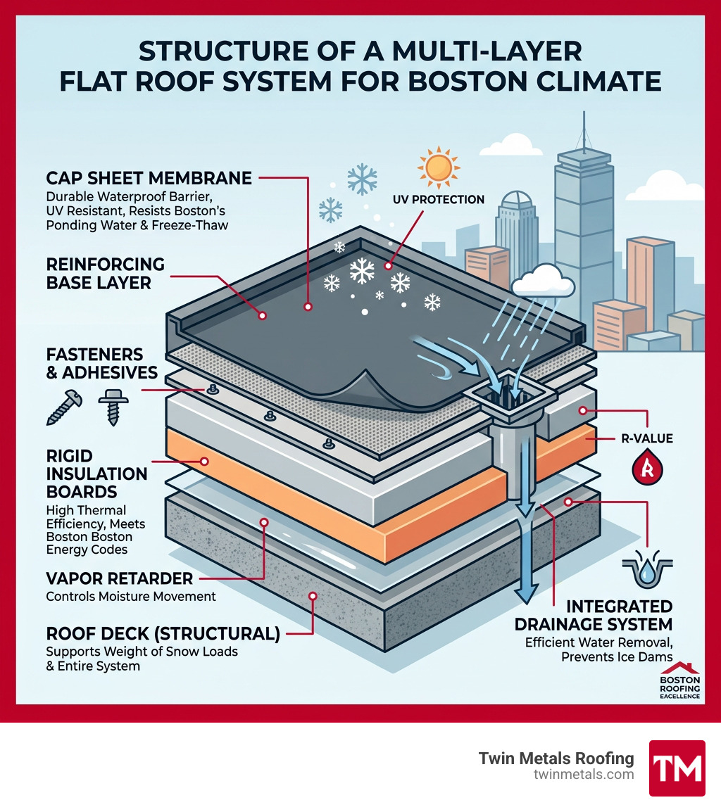 Multi-layer flat roof system structure infographic showing membrane, insulation, and drainage layers - Flat roof Boston Multi-layer flat roof system structure infographic showing membrane, insulation, and drainage layers - Flat roof Boston
