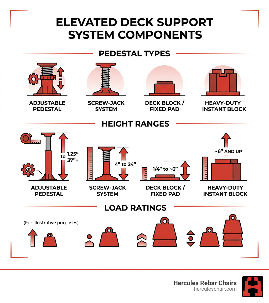 infographic showing components of an elevated deck support system including pedestal types, height ranges, and load ratings