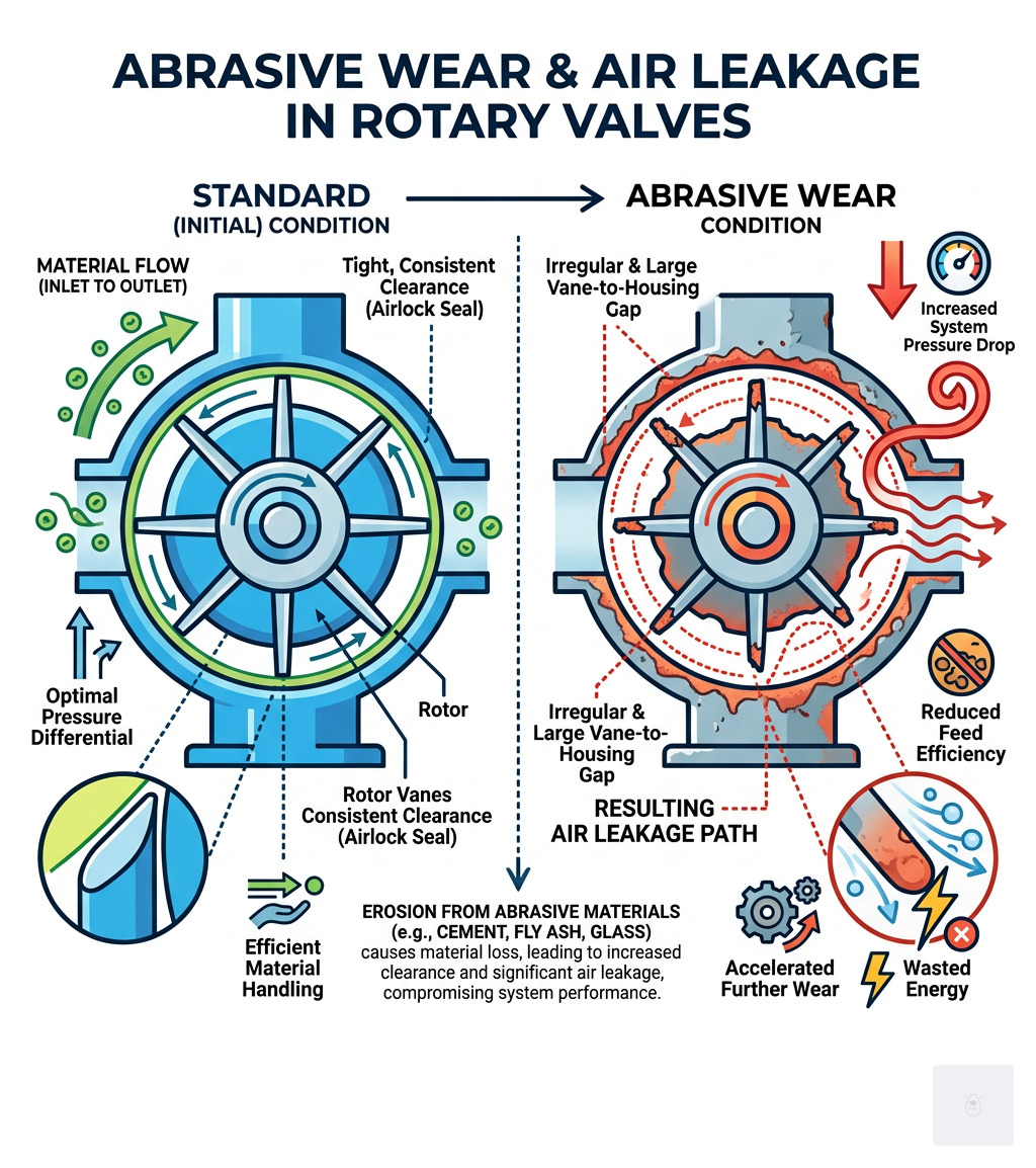 Infographic showing the impact of abrasive wear on rotor vanes and the resulting air leakage path