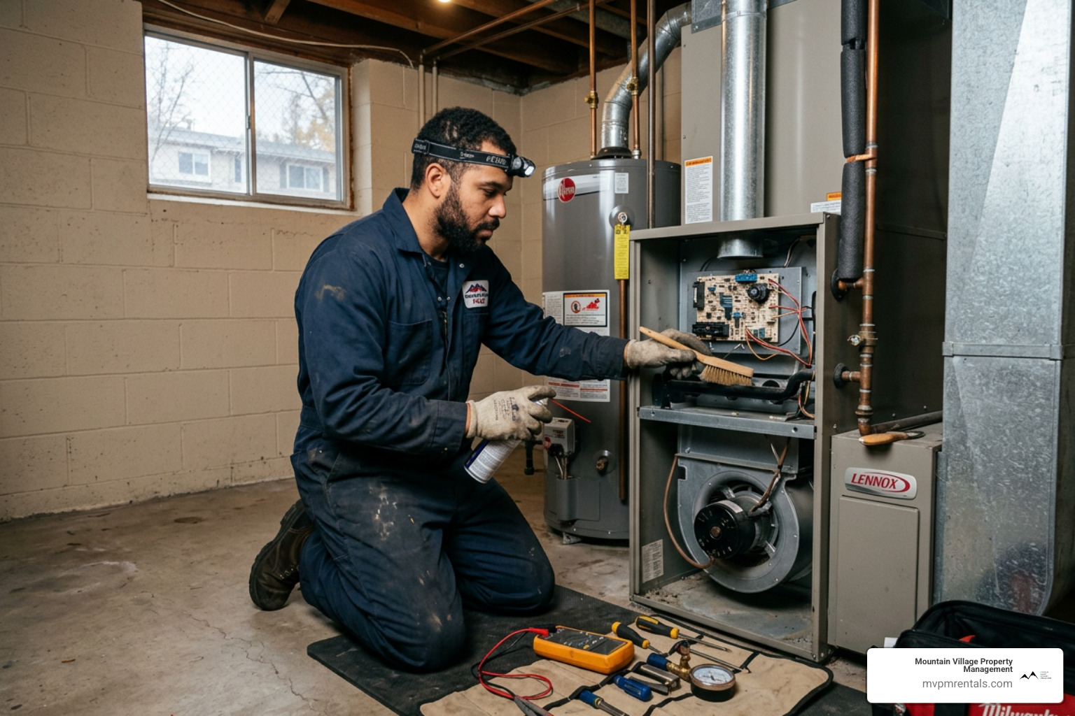 A professional contractor performing an HVAC tune-up on a rental property system to ensure winter readiness - typical