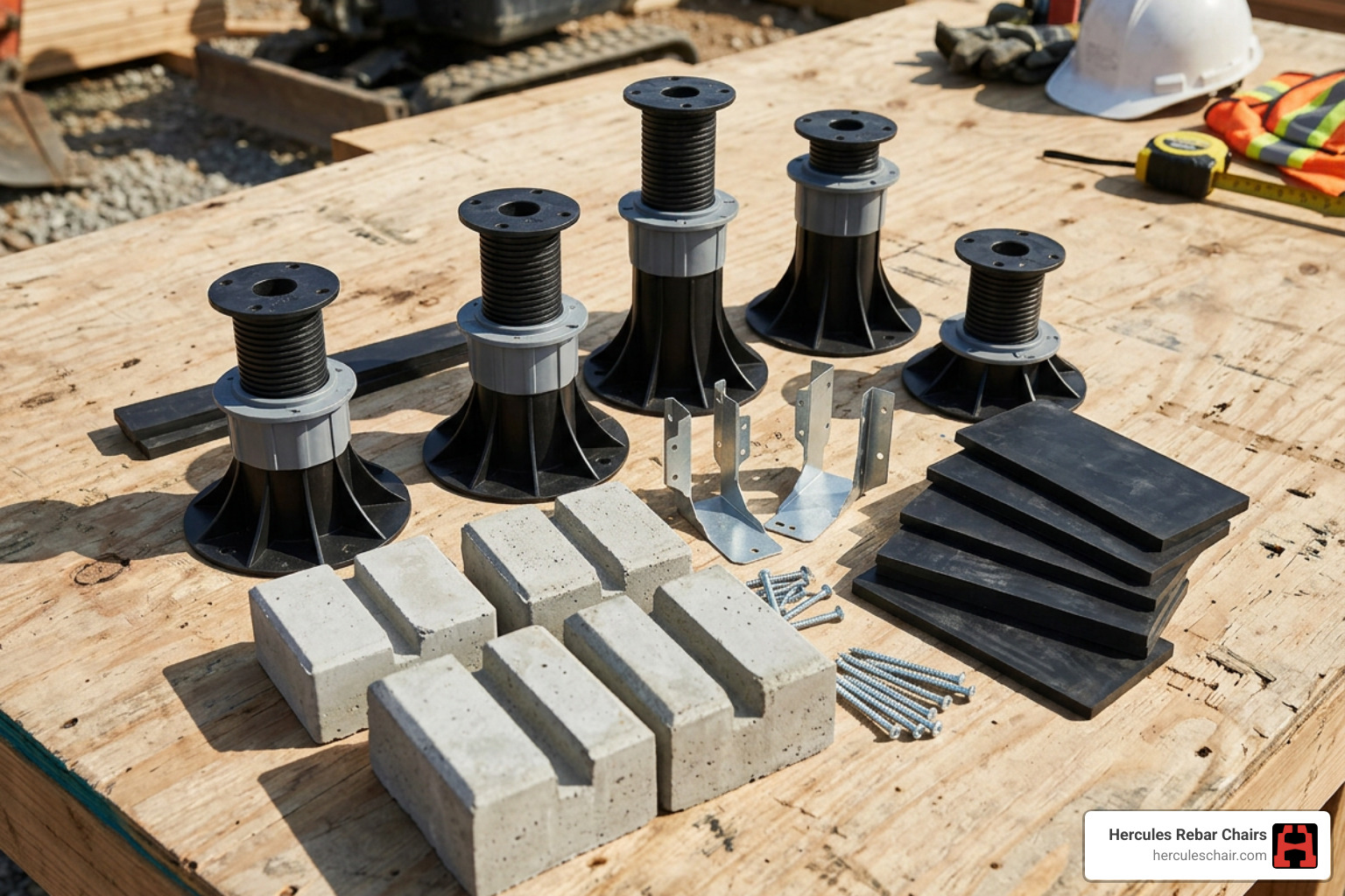 various deck support components including adjustable pedestals and fixed blocks - Elevated deck supports