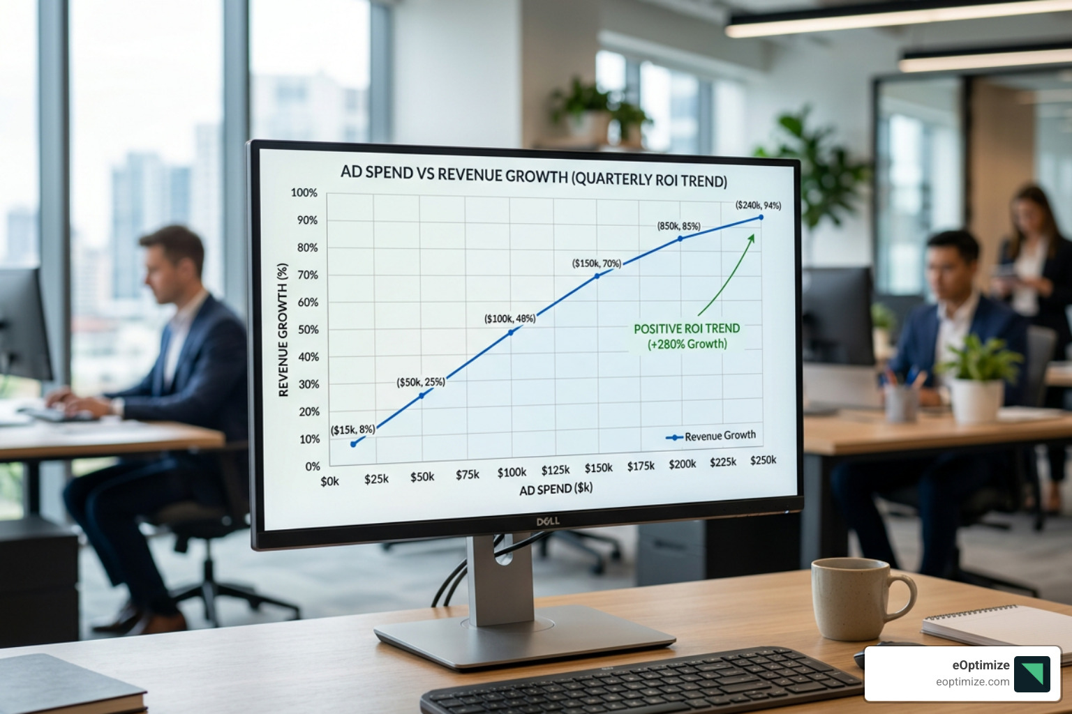 ROI calculation chart showing the relationship between ad spend and revenue growth - ecommerce ppc management service
