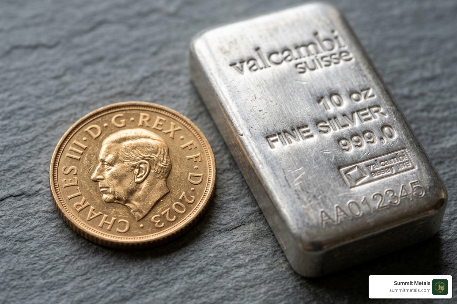 A gold sovereign coin next to a 10oz silver bar - international gold silver price A gold sovereign coin next to a 10oz silver bar - international gold silver price