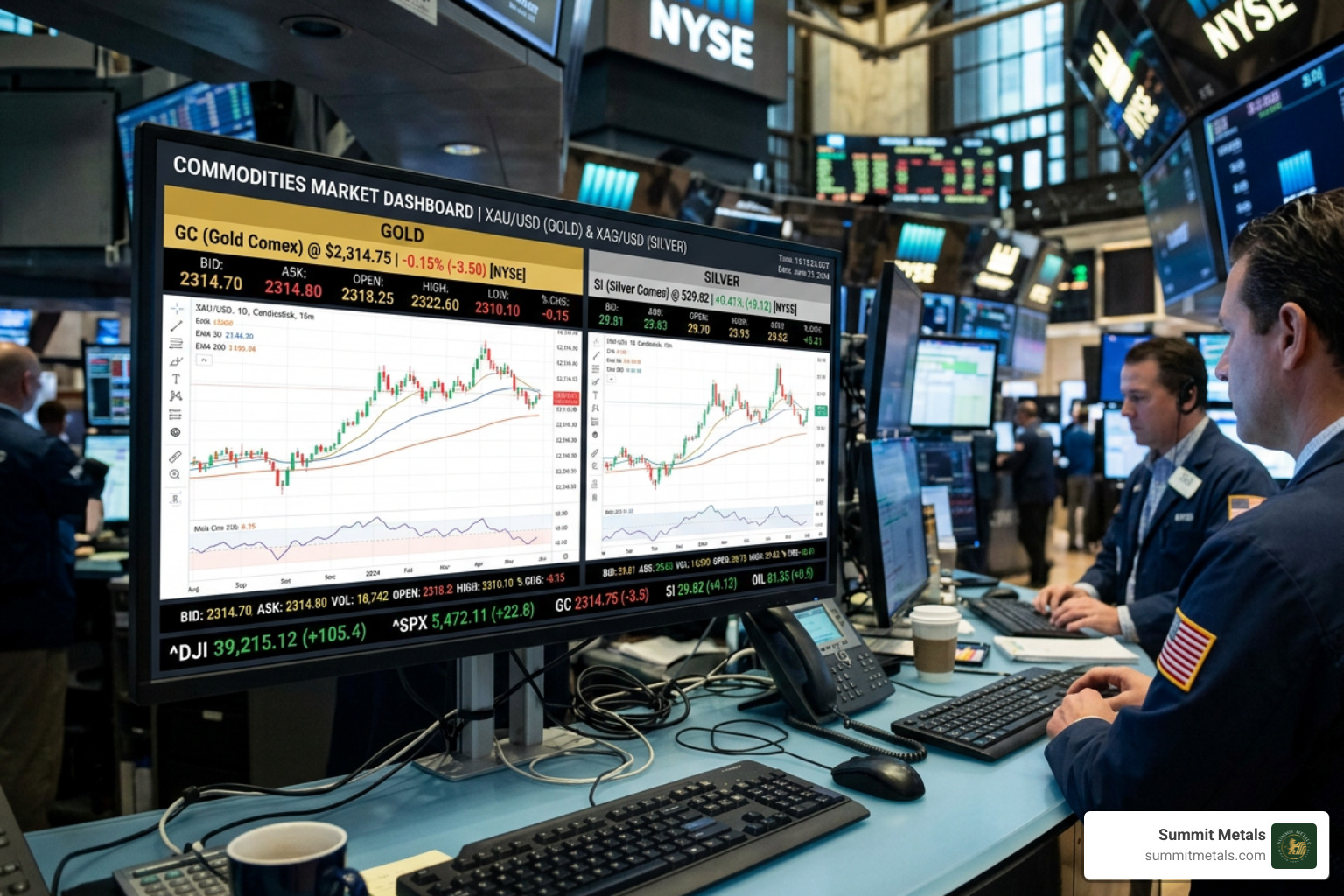 Professional trading floor dashboard showing real-time gold and silver tickers - international gold silver price Professional trading floor dashboard showing real-time gold and silver tickers - international gold silver price