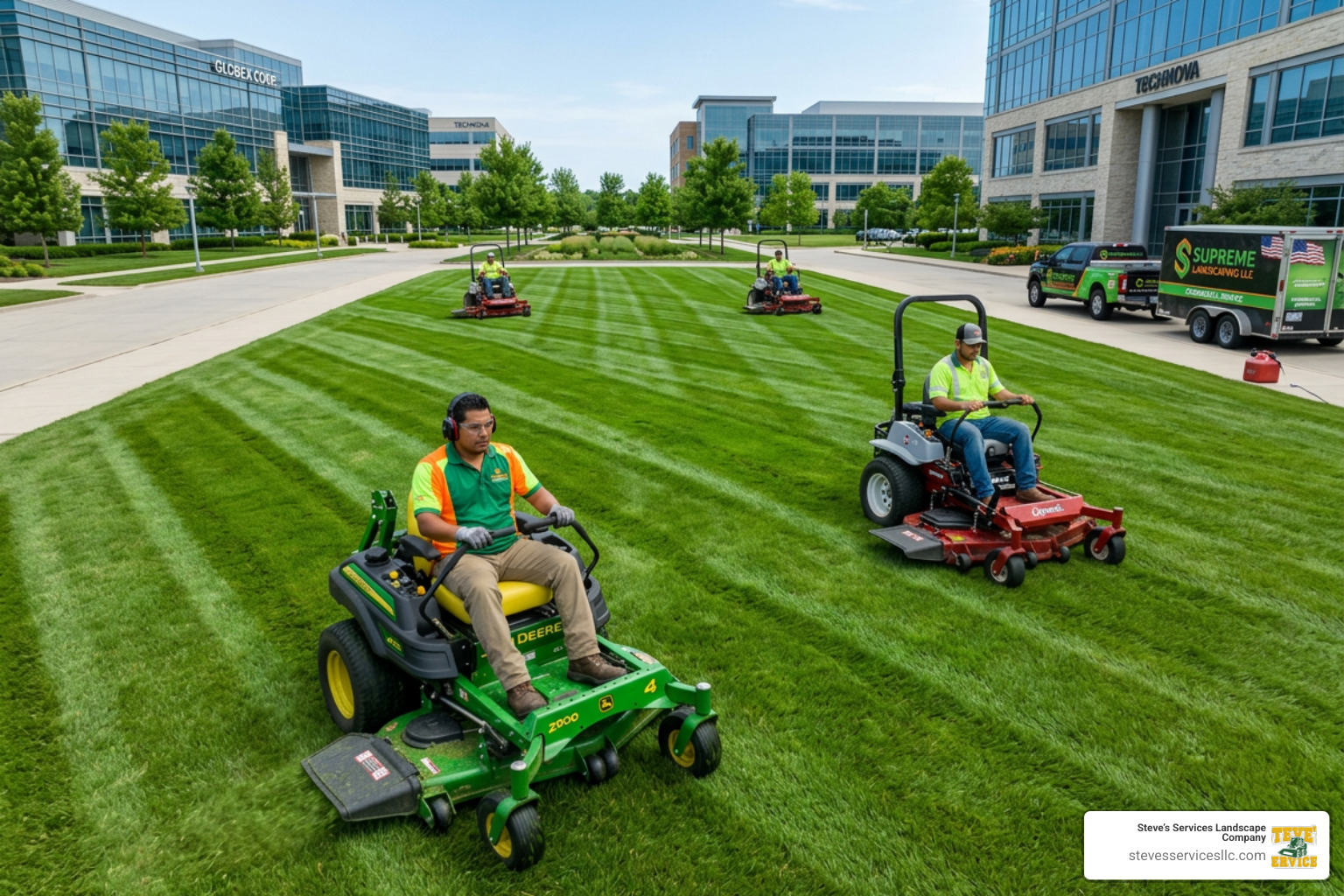 Commercial crew performing precision mowing on a large corporate lawn - commercial landscape maintenance companies near me