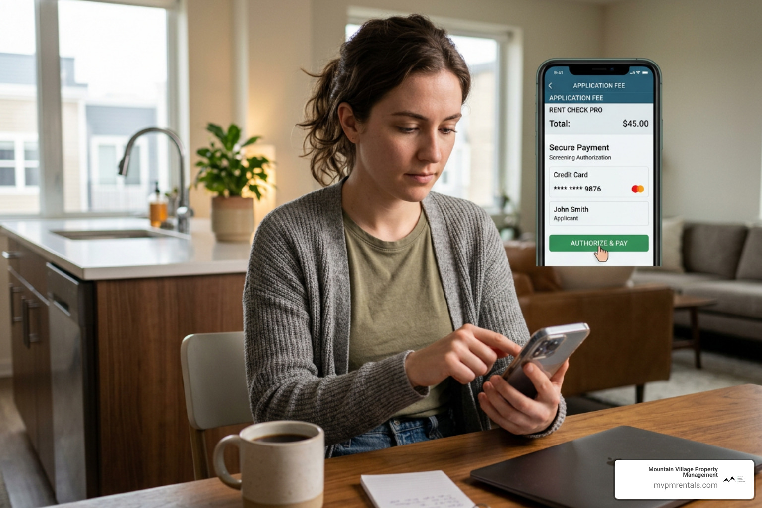 Prospective tenant securely paying a screening fee on their smartphone to authorize a background check - eviction check for