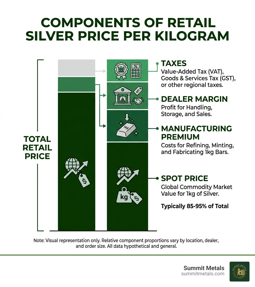 Infographic showing components of retail silver price per kilogram: spot price, manufacturing premium, dealer margin, and