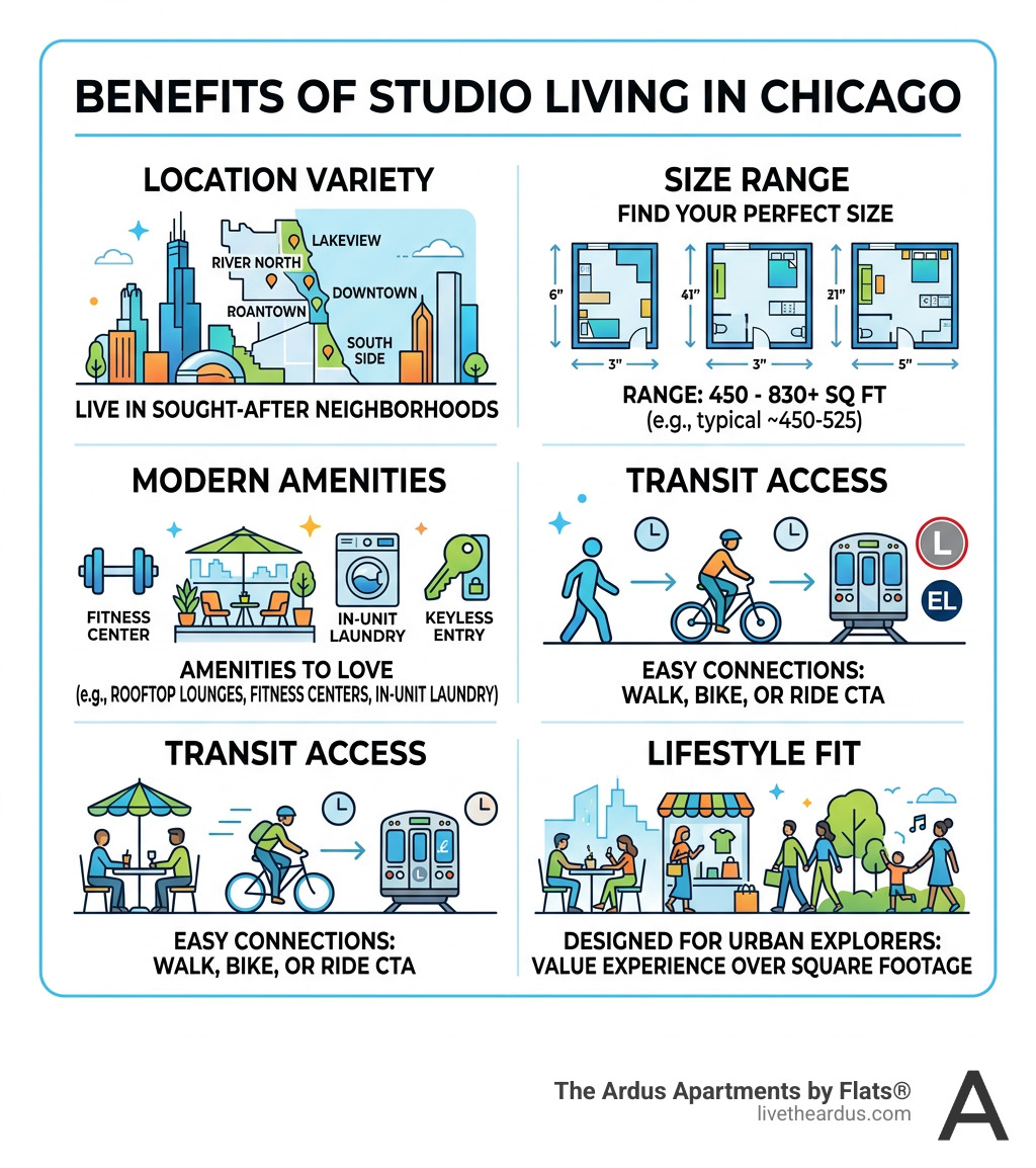 Infographic showing benefits of studio living in Chicago: location, size range, amenities, transit access, and lifestyle fit