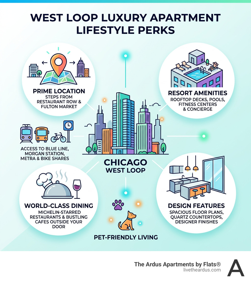 West Loop luxury apartment lifestyle perks infographic: location, amenities, transit, dining, and design features - west