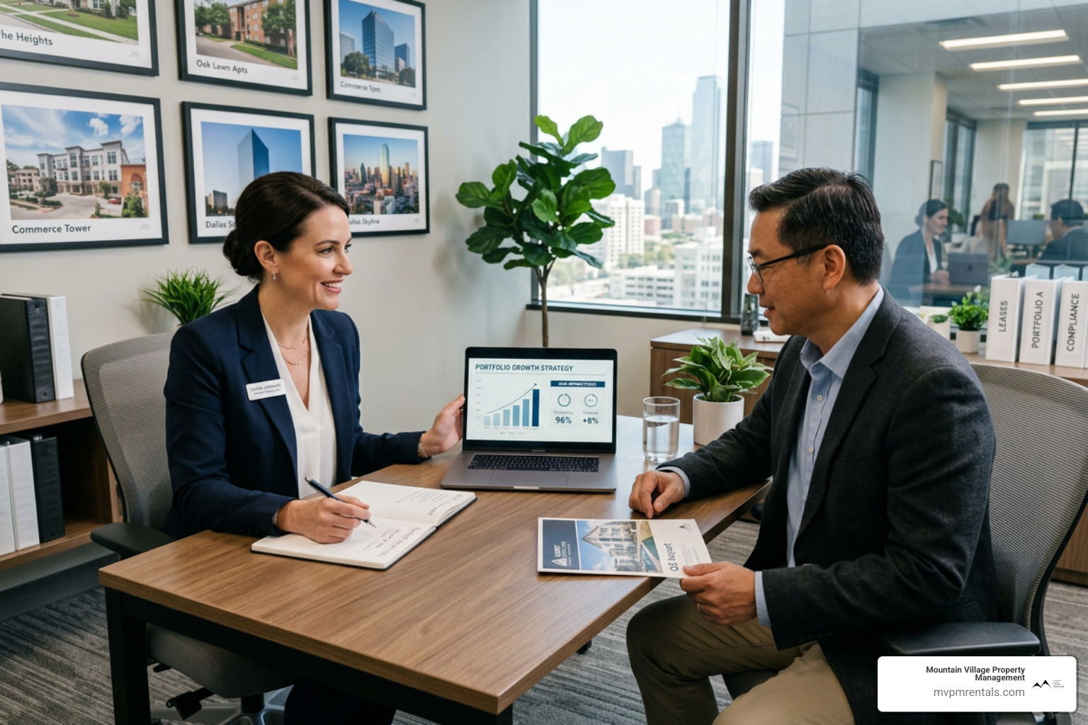 Professional property manager meeting with a landlord to discuss portfolio goals - full service property manager