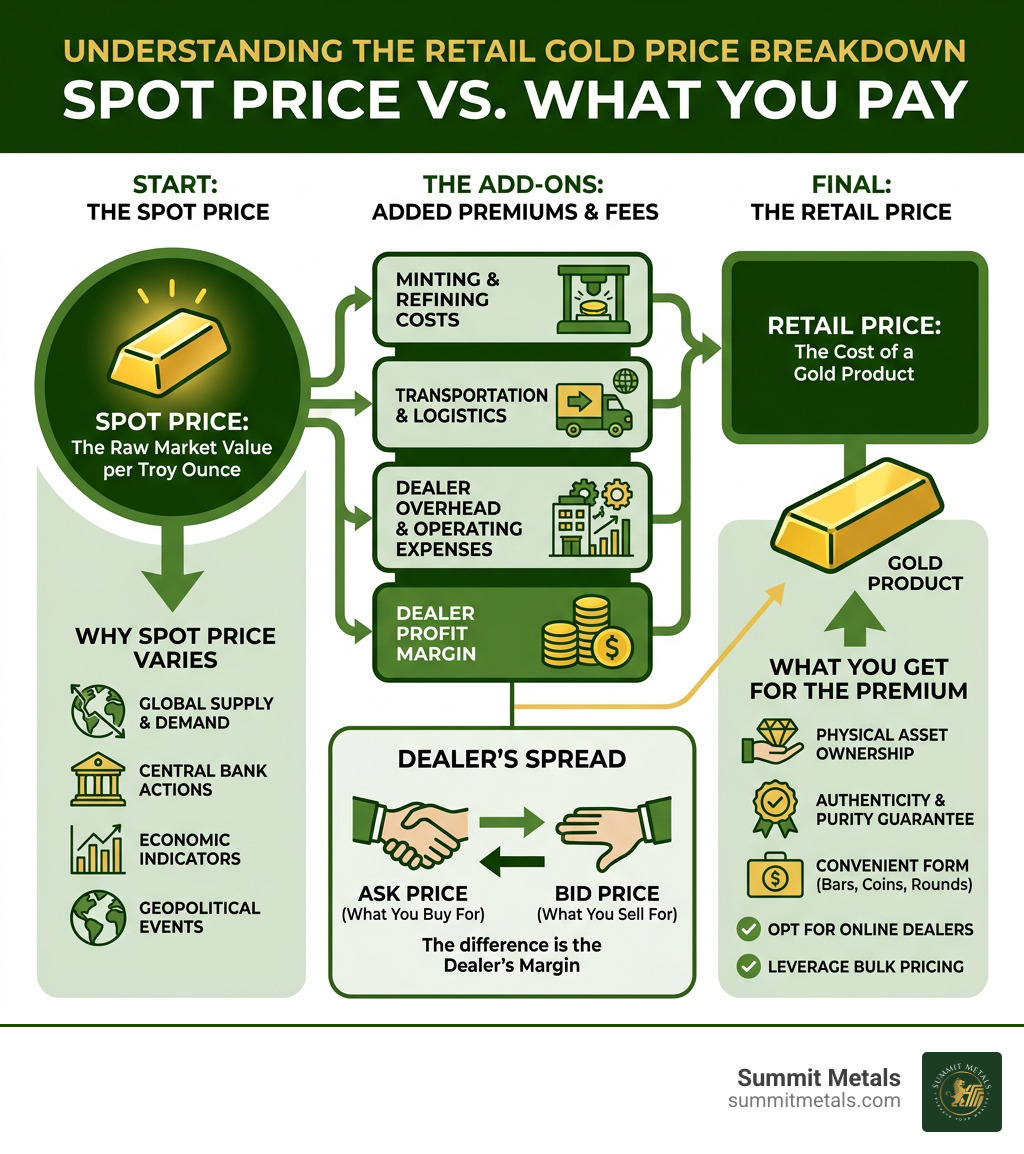 Infographic showing spot price vs retail gold price breakdown including premiums and fees - competitive rates gold purchase Infographic showing spot price vs retail gold price breakdown including premiums and fees - competitive rates gold purchase