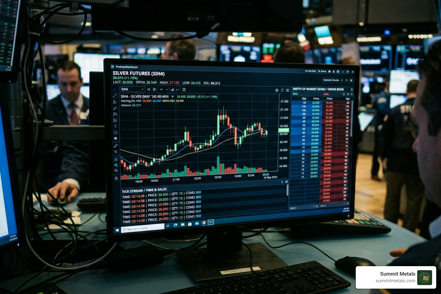 Digital trading terminal showing silver futures price movements and order books - jp morgan manipulating silver