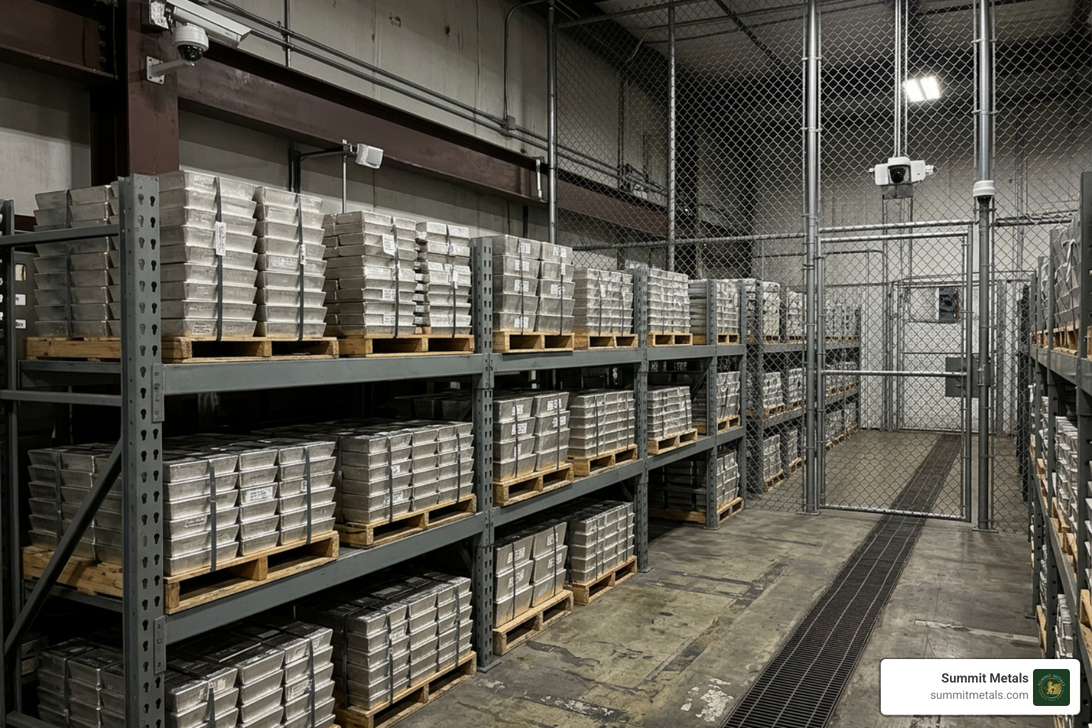 Physical silver bars stacked in a high-security COMEX-approved warehouse - jp morgan manipulating silver
