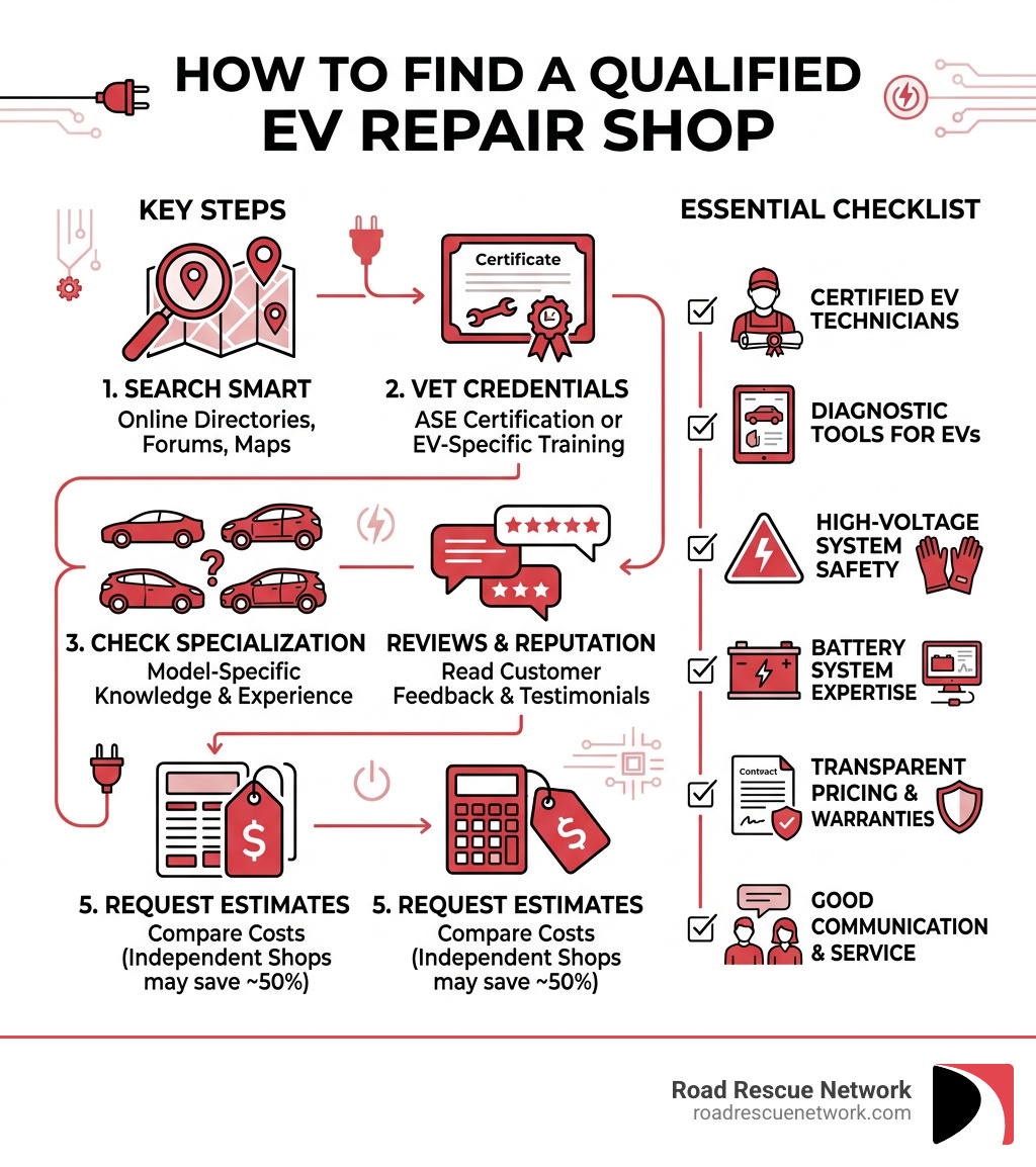 Infographic showing how to find a qualified EV repair shop near me with key steps and checklist - electric car repair shop