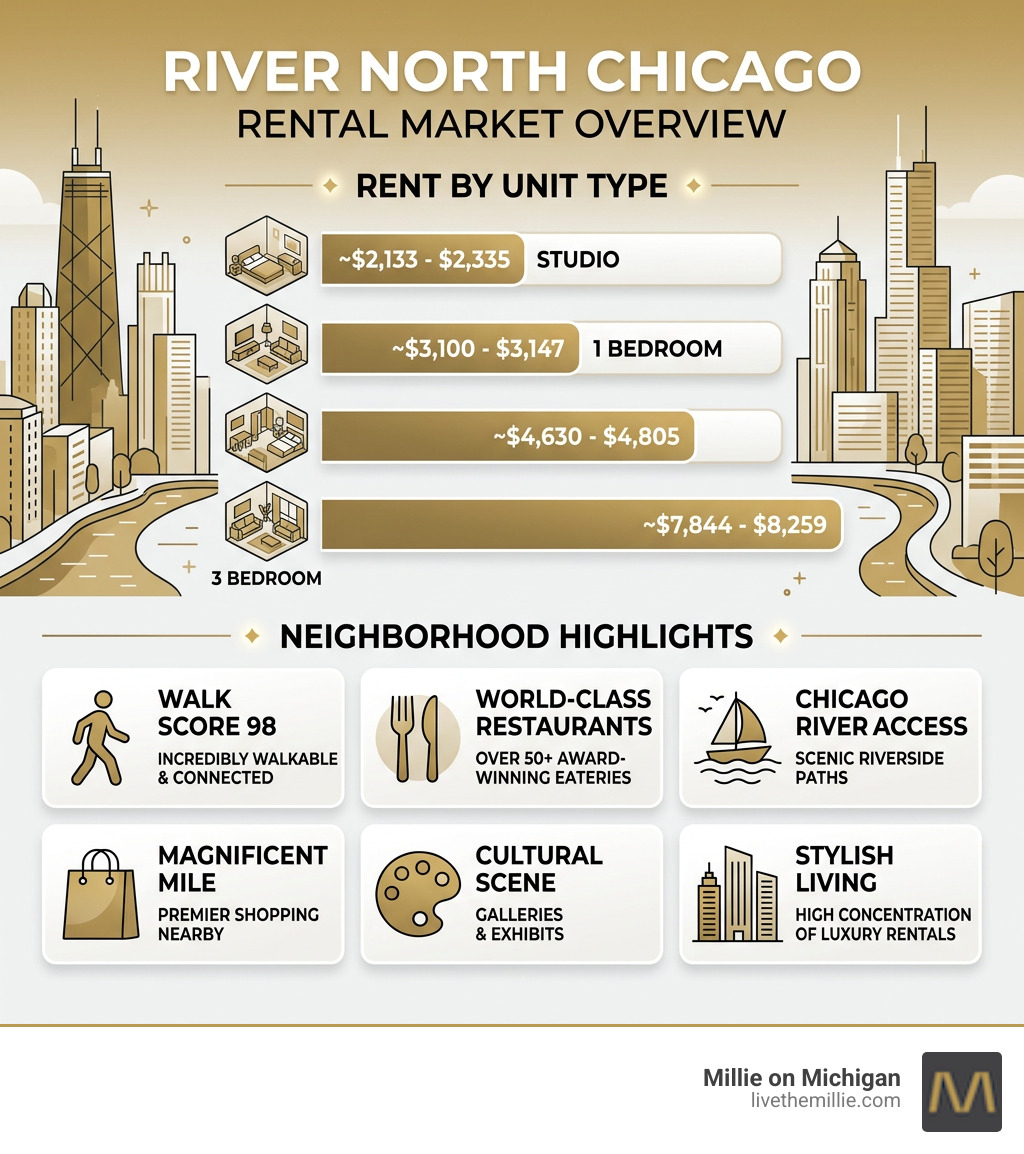 River North Chicago rental market overview infographic with rent by unit type and neighborhood highlights - apartments for