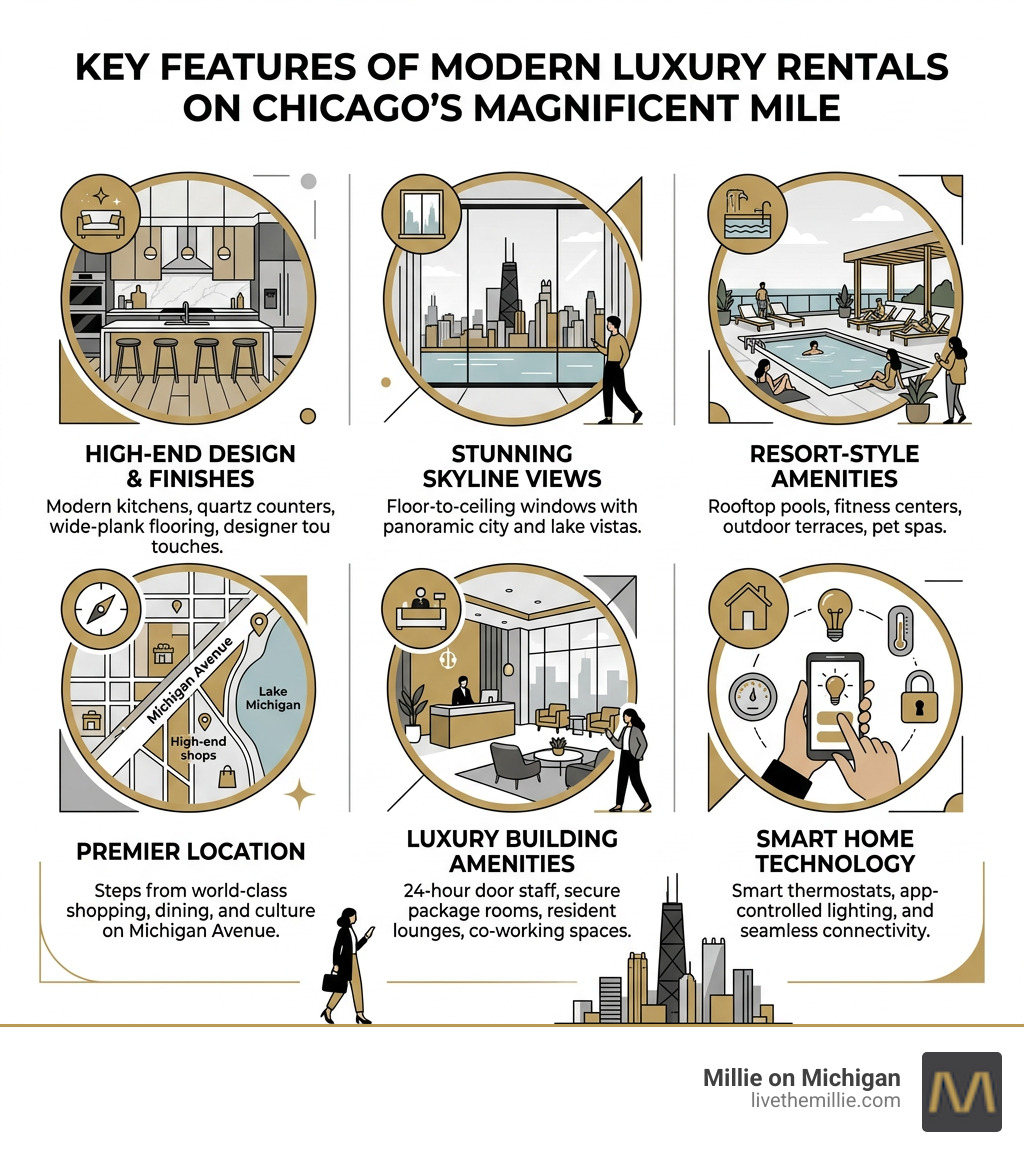 Key features of modern luxury rentals on Chicago's Magnificent Mile infographic - modern luxury rentals magnificent mile