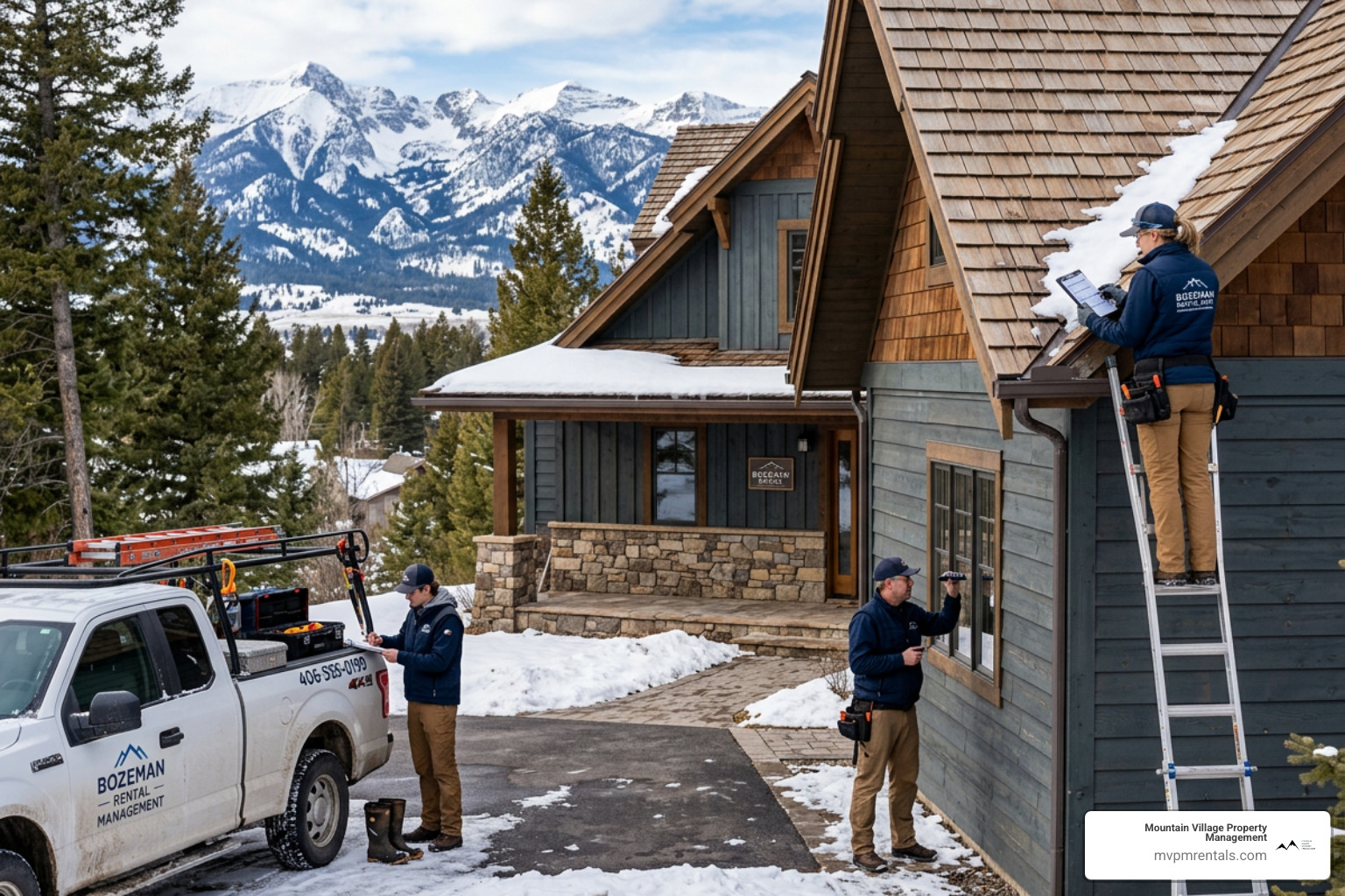 Professional maintenance team performing a seasonal inspection on a Bozeman rental property - 8 percent management bozeman Professional maintenance team performing a seasonal inspection on a Bozeman rental property - 8 percent management bozeman