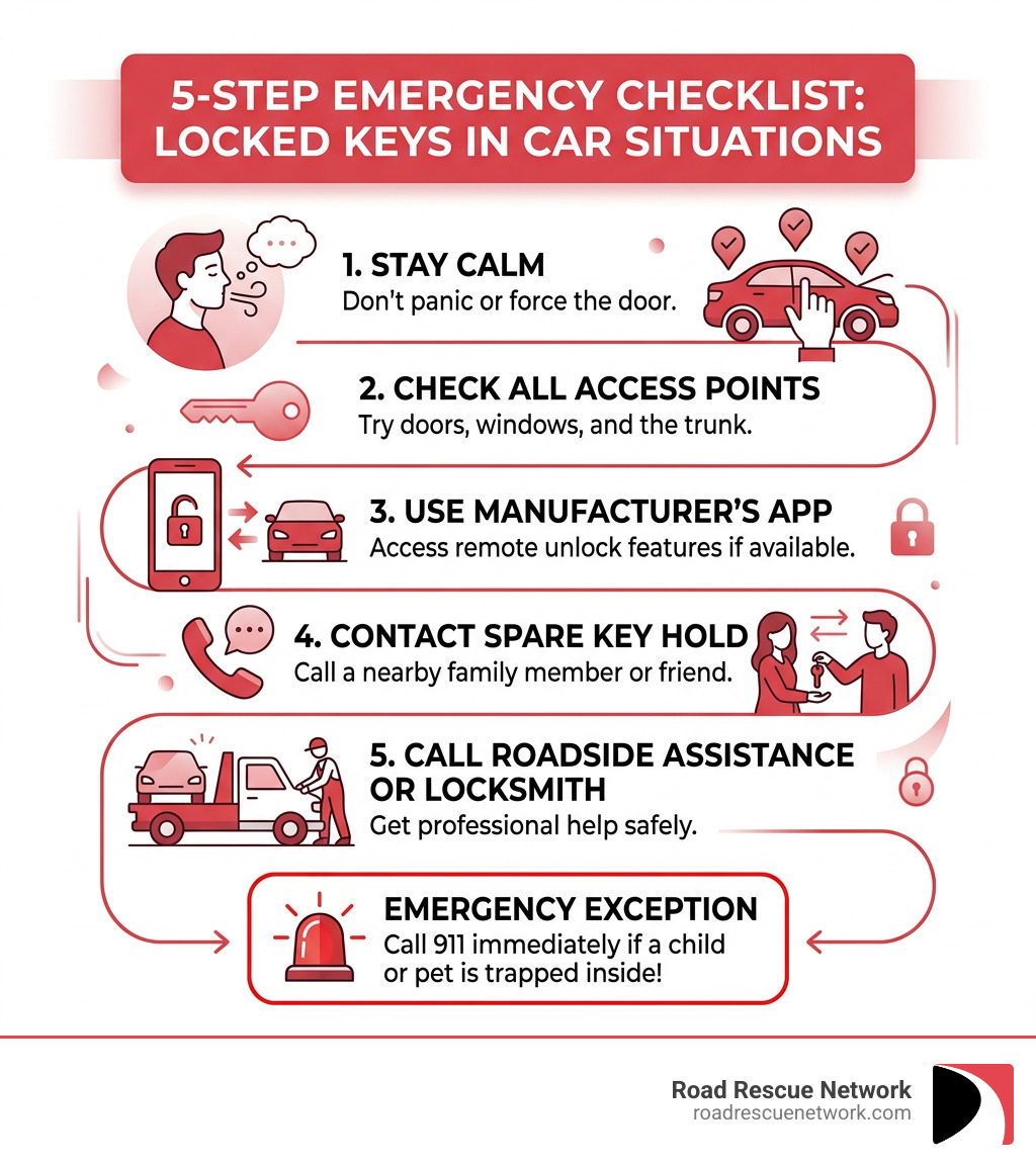 5-step emergency checklist infographic for locked keys in car situations - Locked keys car infographic 5-step emergency checklist infographic for locked keys in car situations - Locked keys car infographic