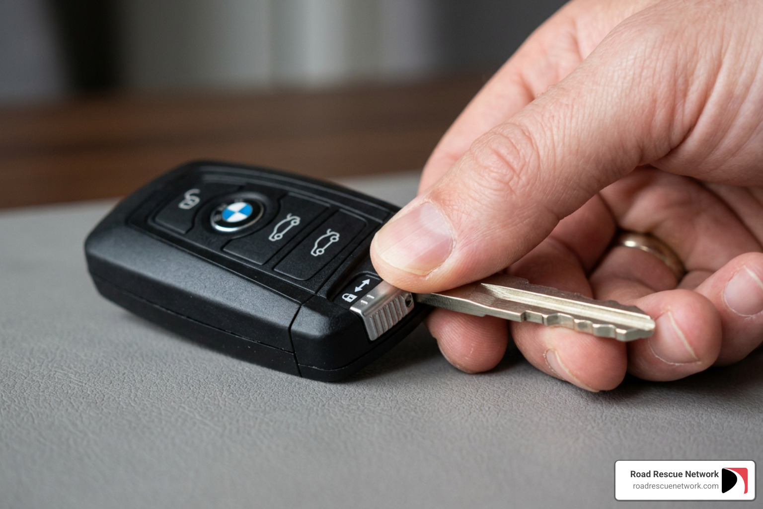 hidden mechanical key being removed from a smart fob - Locked keys car hidden mechanical key being removed from a smart fob - Locked keys car