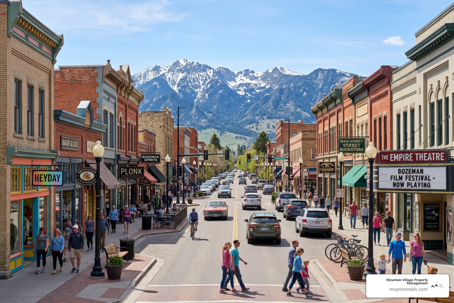 downtown bozeman main street with mountain backdrop - bozeman short term rentals