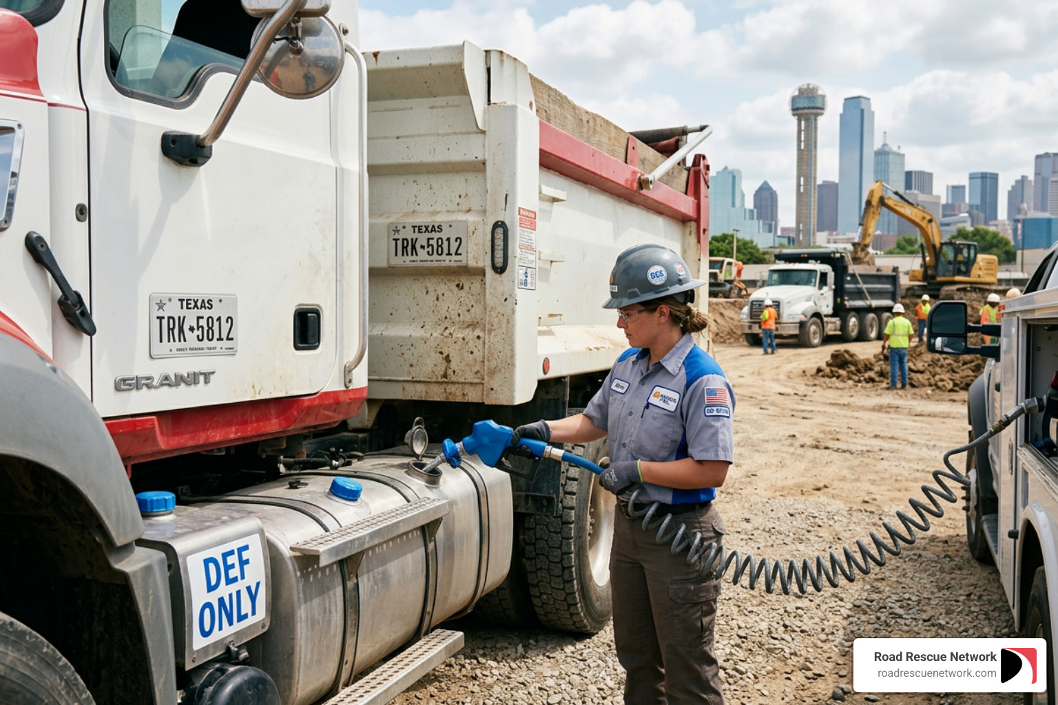 DEF being added to a heavy-duty truck at a Dallas job site - fuel delivery service Dallas