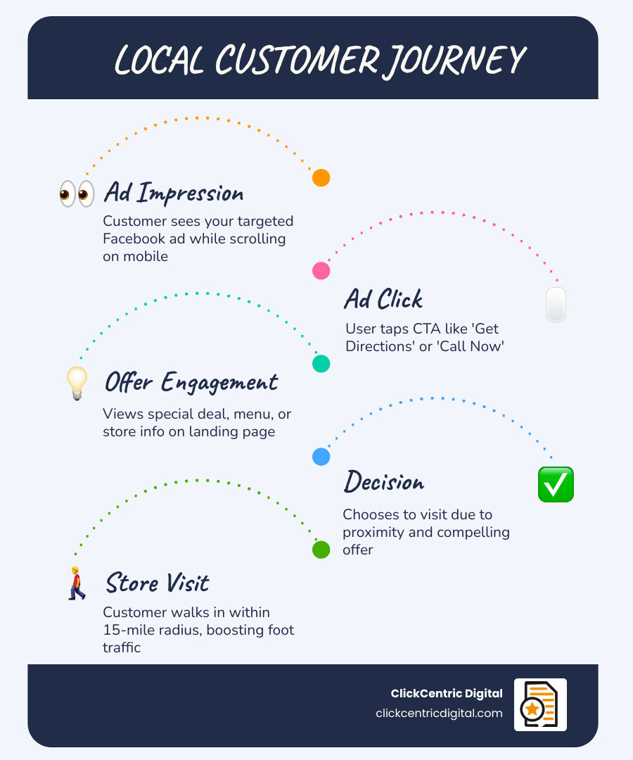 Local customer journey from seeing a Facebook ad to visiting a storefront — steps include ad impression, click, offer page