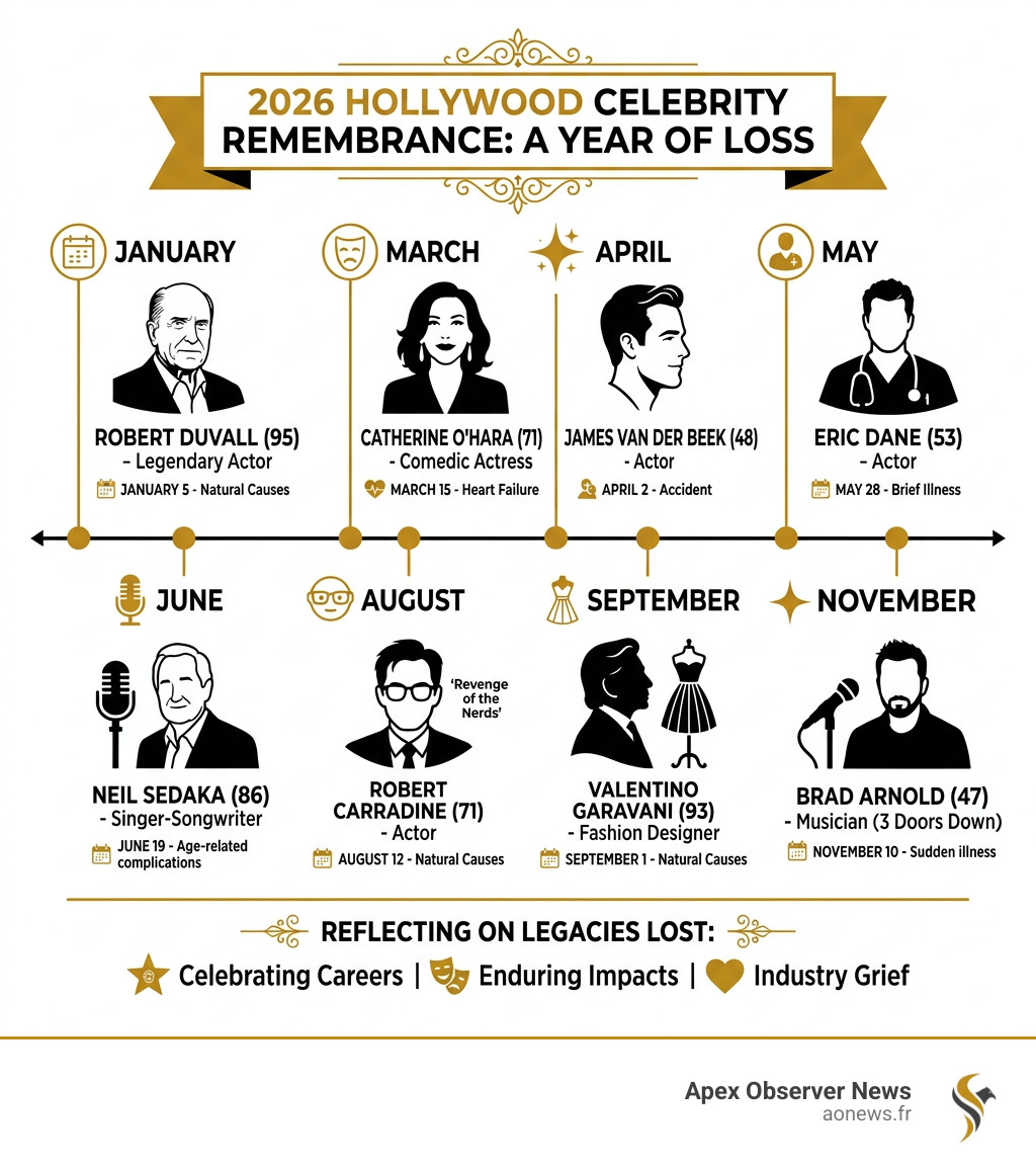 Timeline infographic of major 2026 Hollywood celebrity deaths by month and cause - hollywood news death infographic Timeline infographic of major 2026 Hollywood celebrity deaths by month and cause - hollywood news death infographic