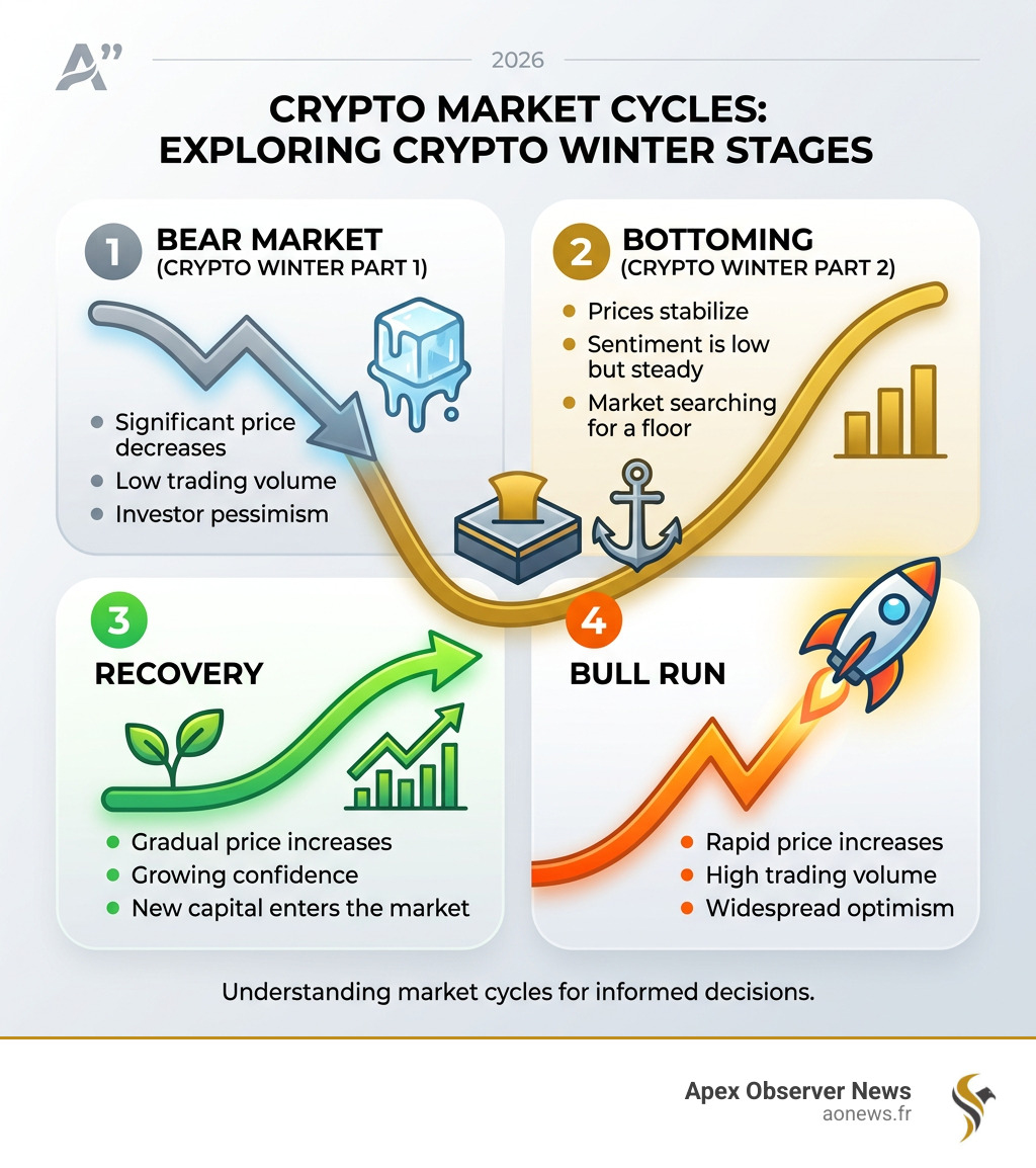Crypto market cycles and crypto winter stages infographic showing bear market, bottoming, recovery, and bull run phases