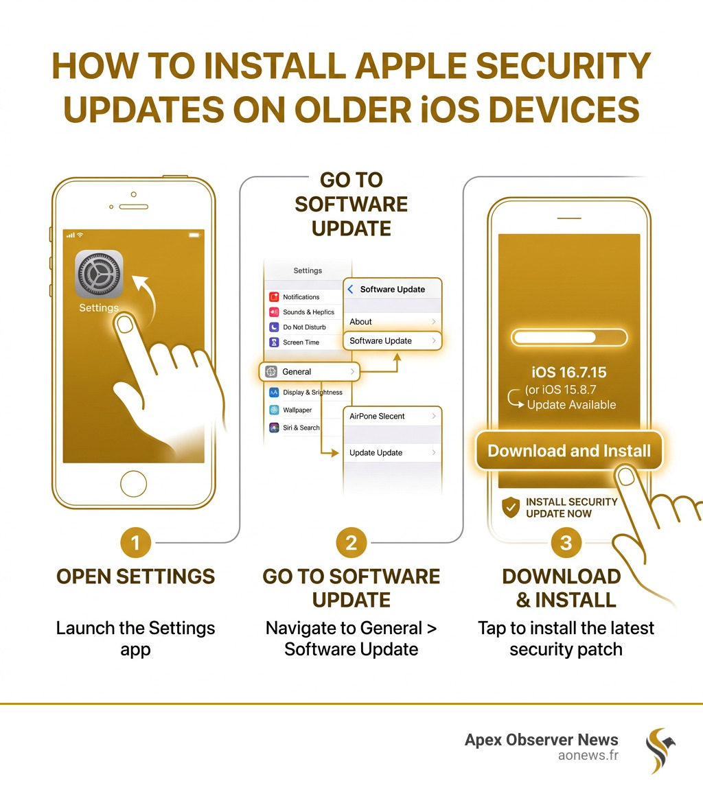 3-step infographic showing how to install Apple security updates on older iOS devices - apple update today infographic 3-step infographic showing how to install Apple security updates on older iOS devices - apple update today infographic