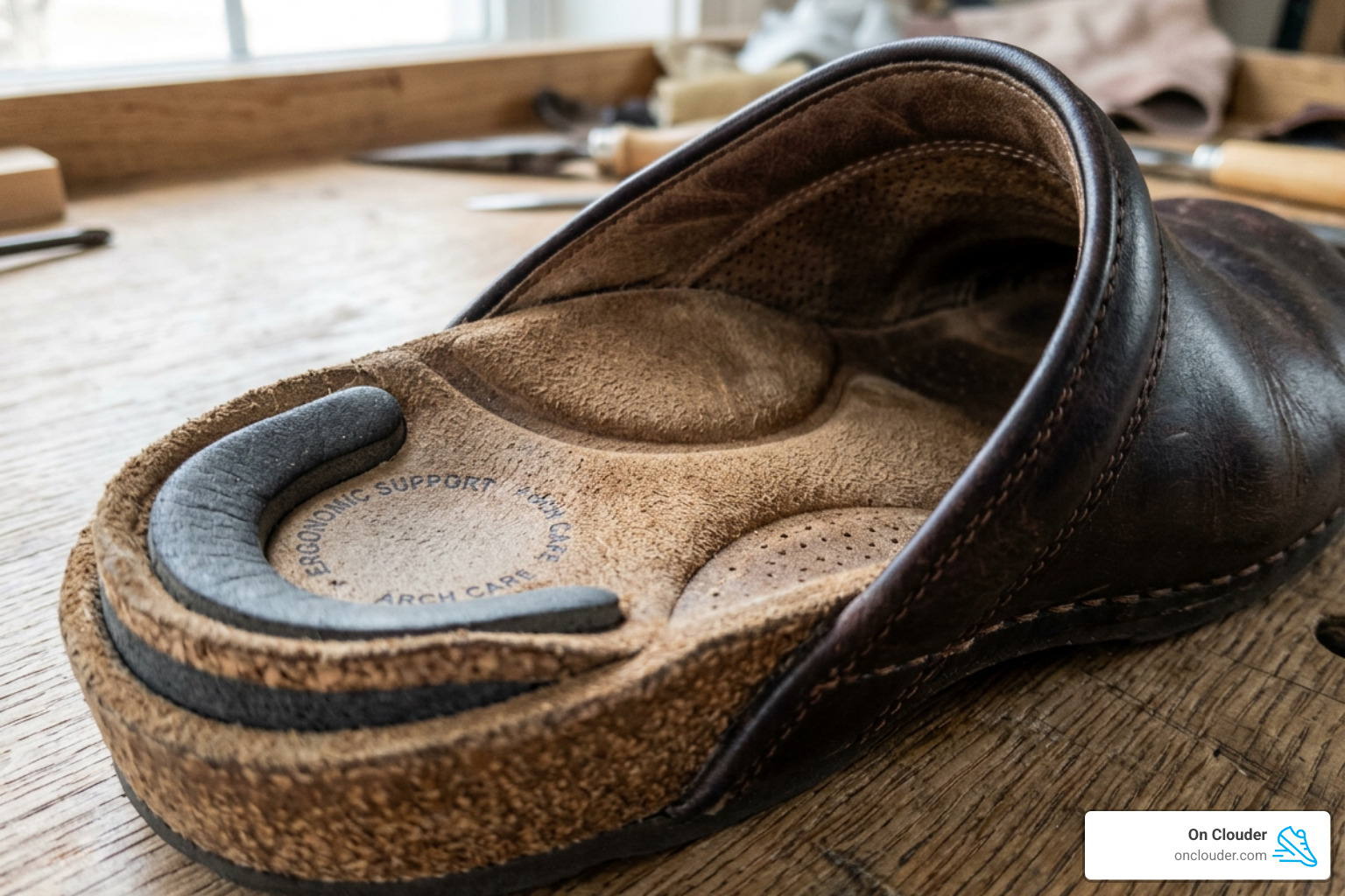 Detailed view of a contoured clog footbed showing arch support - best clogs for standing all day