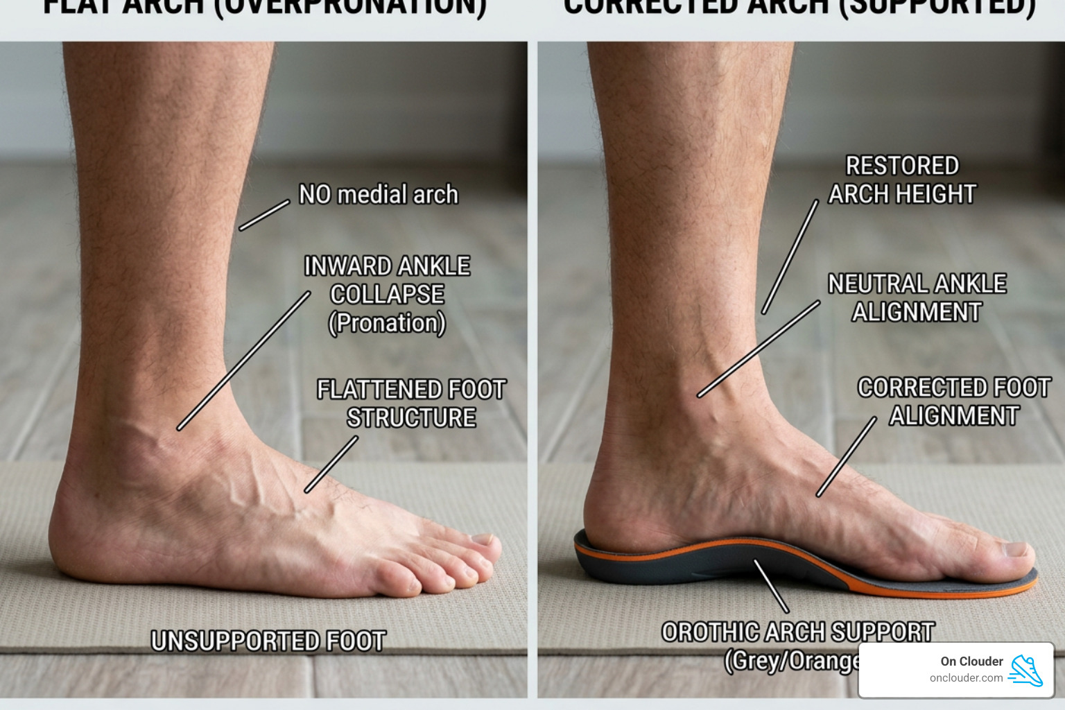 Comparison of foot alignment with and without arch support - arch pads for flat feet