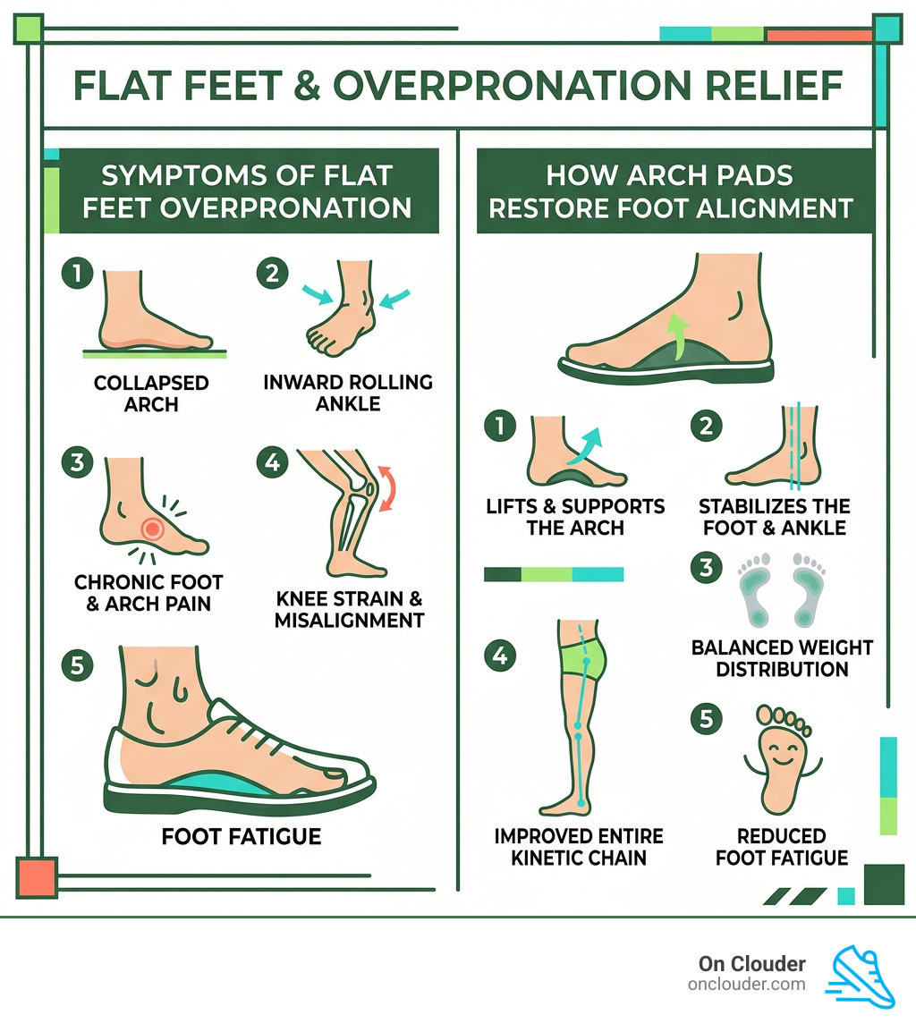 Infographic showing flat feet overpronation symptoms and how arch pads restore foot alignment - arch pads for flat feet