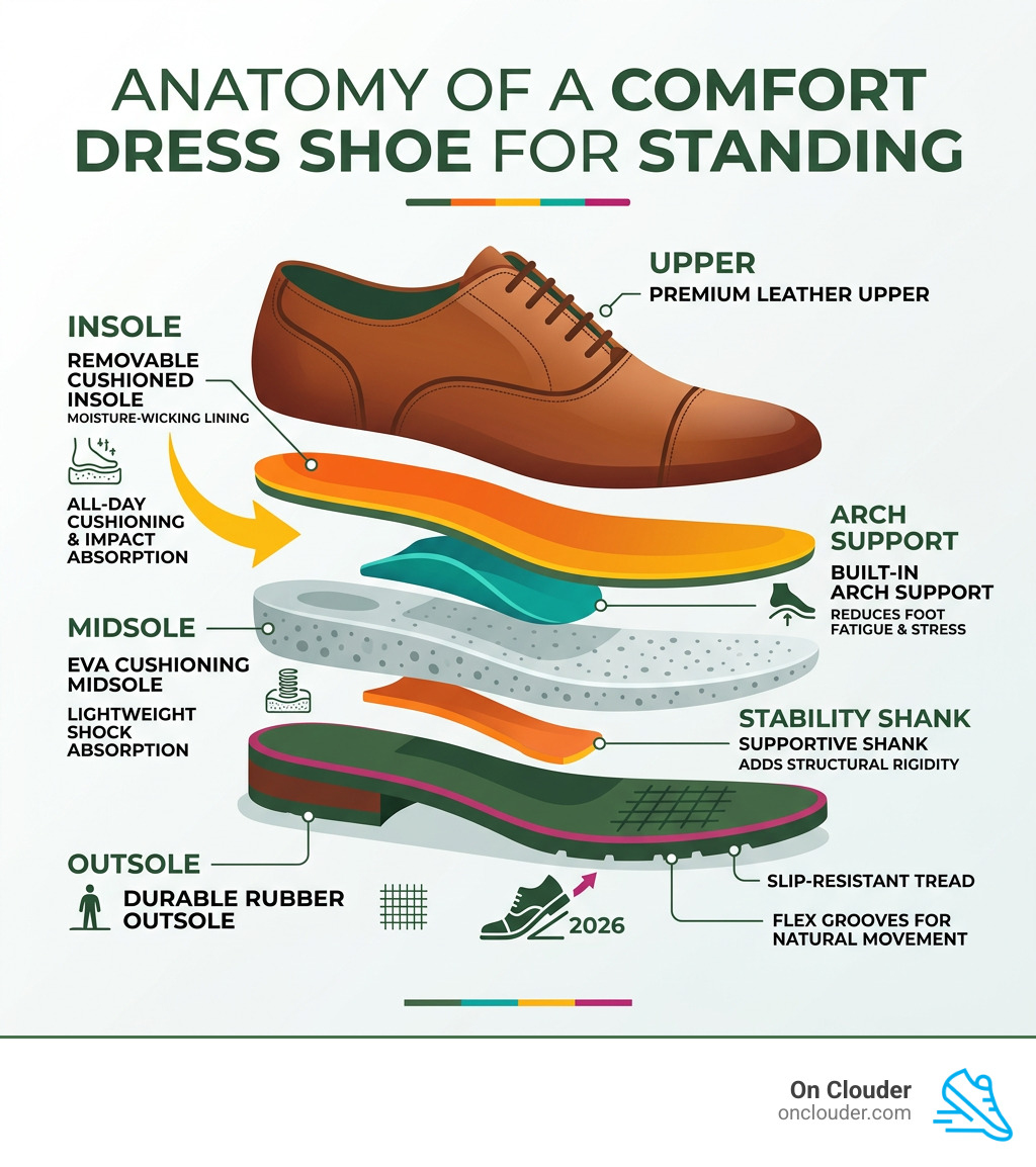 anatomy of a comfort dress shoe with arch support, cushioning, and sole layers labeled - best dress shoes for standing anatomy of a comfort dress shoe with arch support, cushioning, and sole layers labeled - best dress shoes for standing