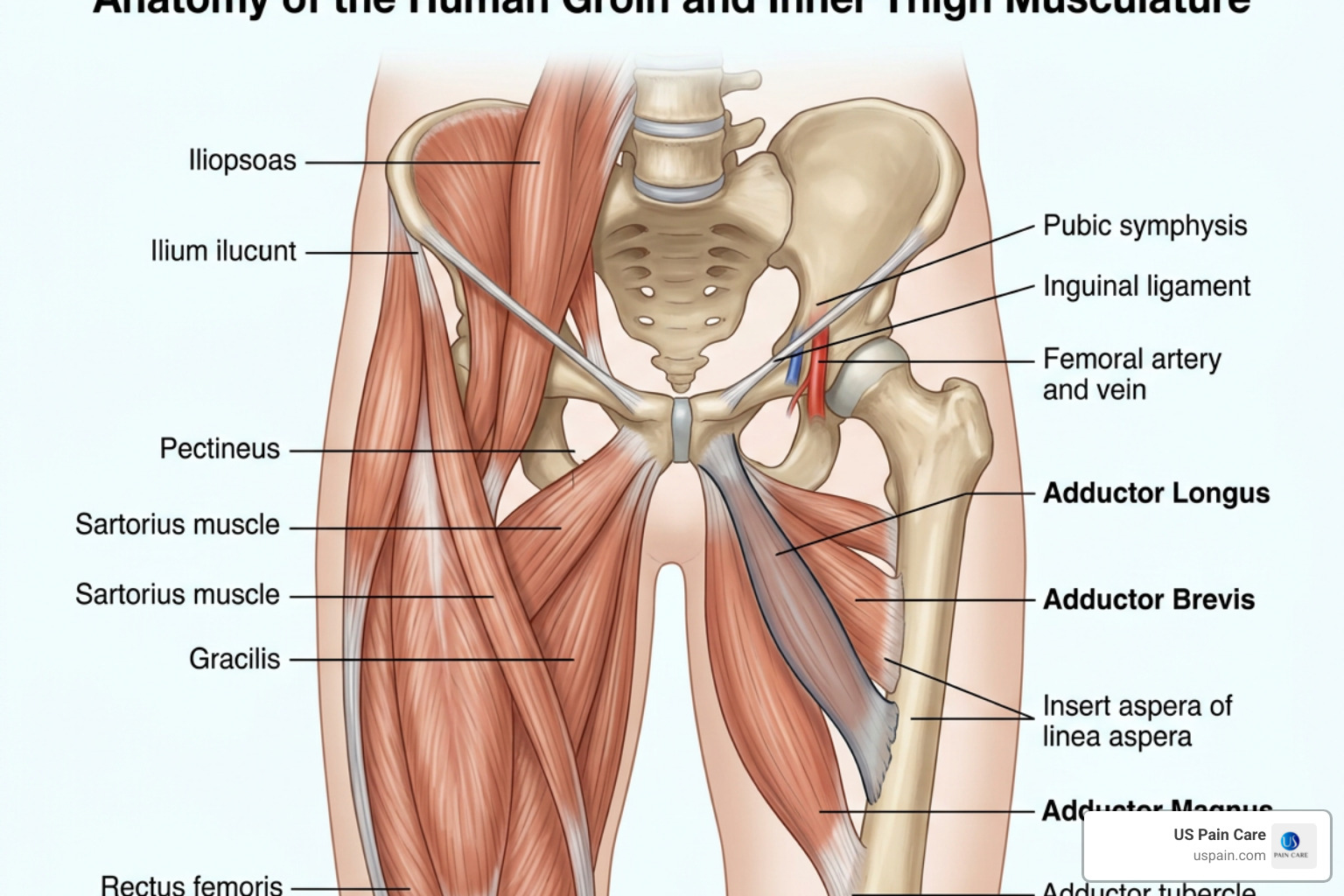Diagram showing the anatomy of the adductor longus, brevis, and magnus muscles - care for pulled groin muscle