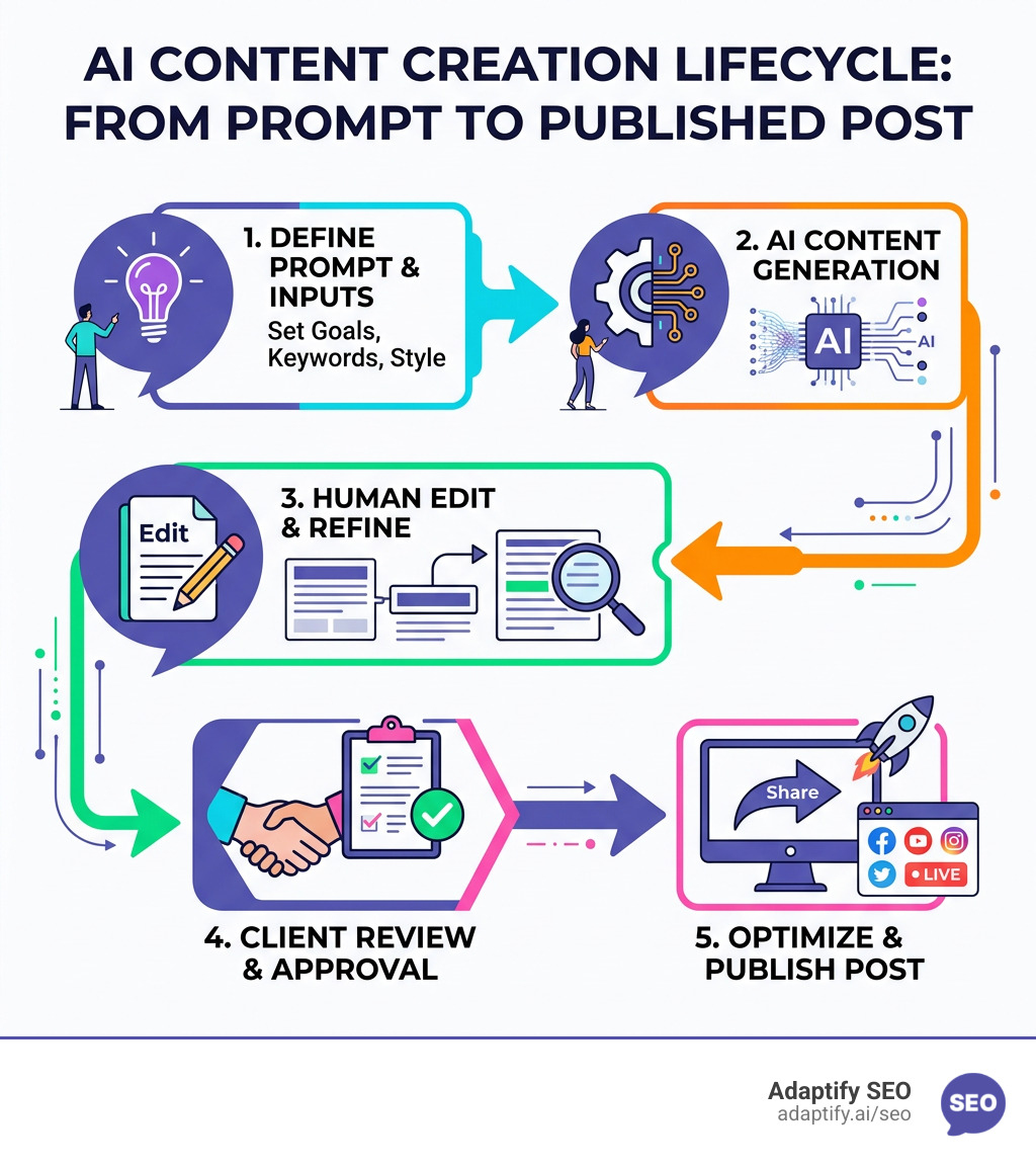 AI content creation lifecycle from prompt to published post - ai writer software infographic 