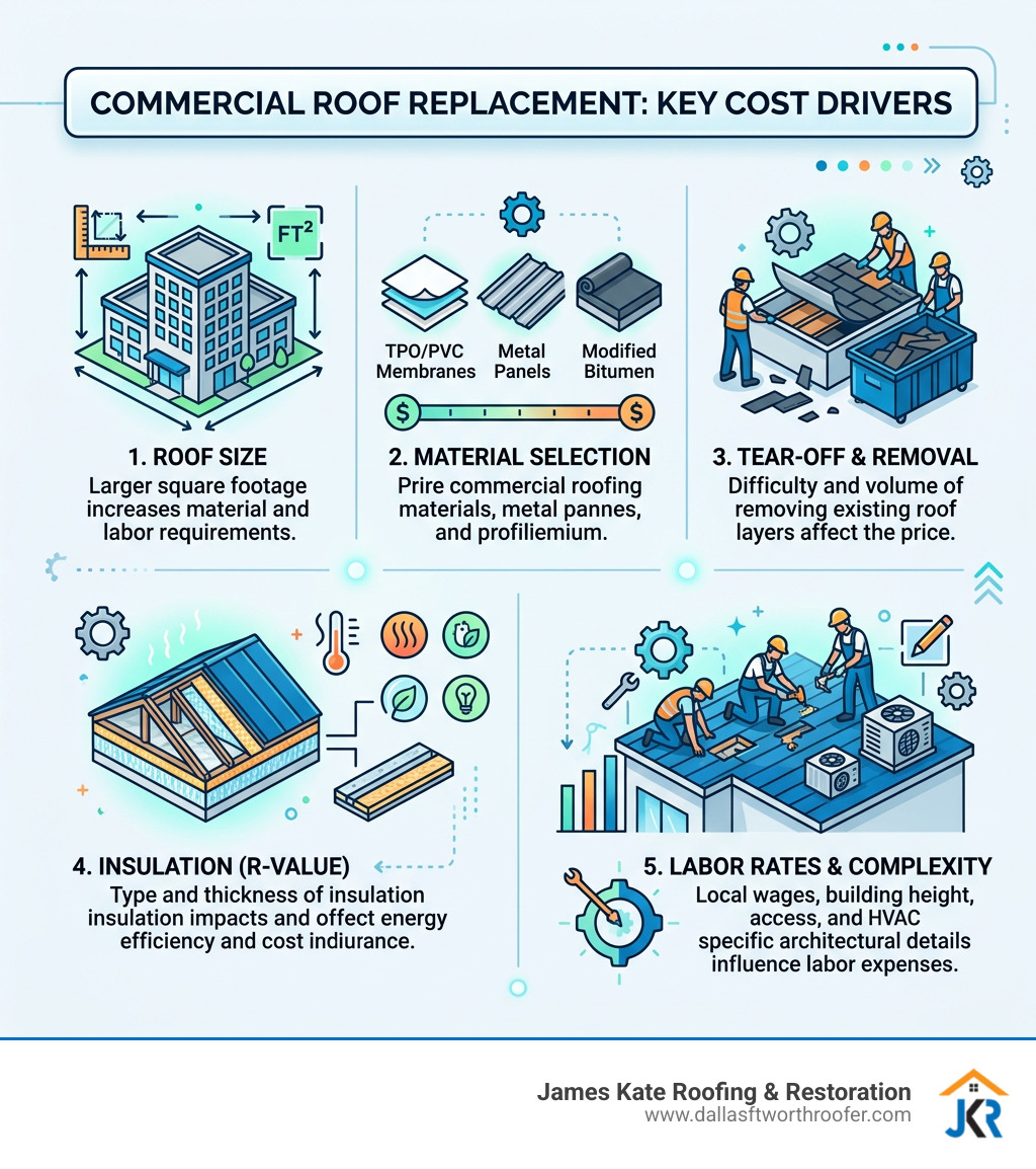 Infographic showing commercial roof replacement cost drivers: size, material, tear-off, insulation, and labor - commercial Infographic showing commercial roof replacement cost drivers: size, material, tear-off, insulation, and labor - commercial