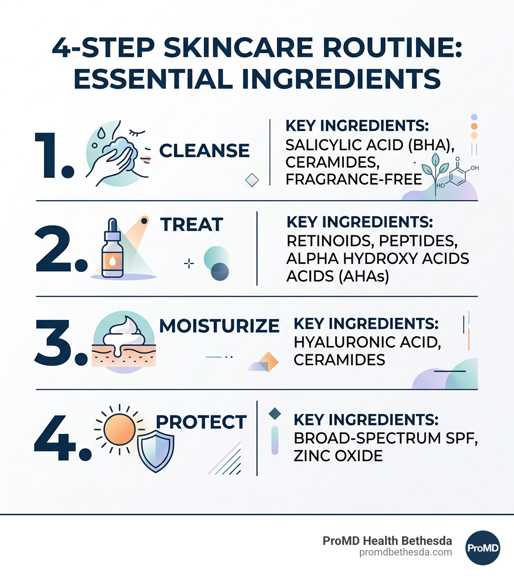 4-step skincare routine infographic: cleanse, treat, moisturize, protect with key ingredients for each step - what are good 4-step skincare routine infographic: cleanse, treat, moisturize, protect with key ingredients for each step - what are good