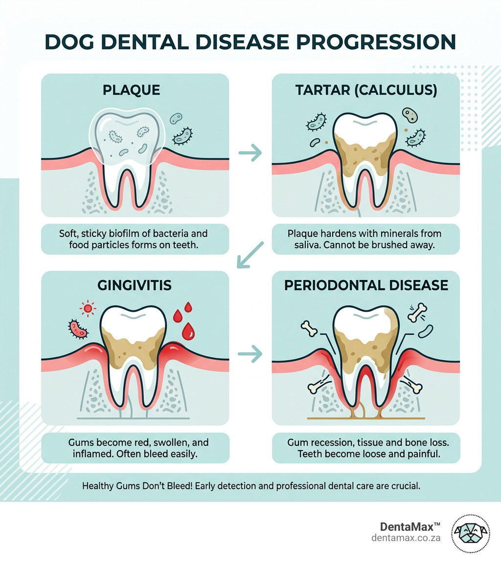 infographic showing progression from plaque to tartar to gingivitis to periodontal disease in dogs - gum bleeding in dogs