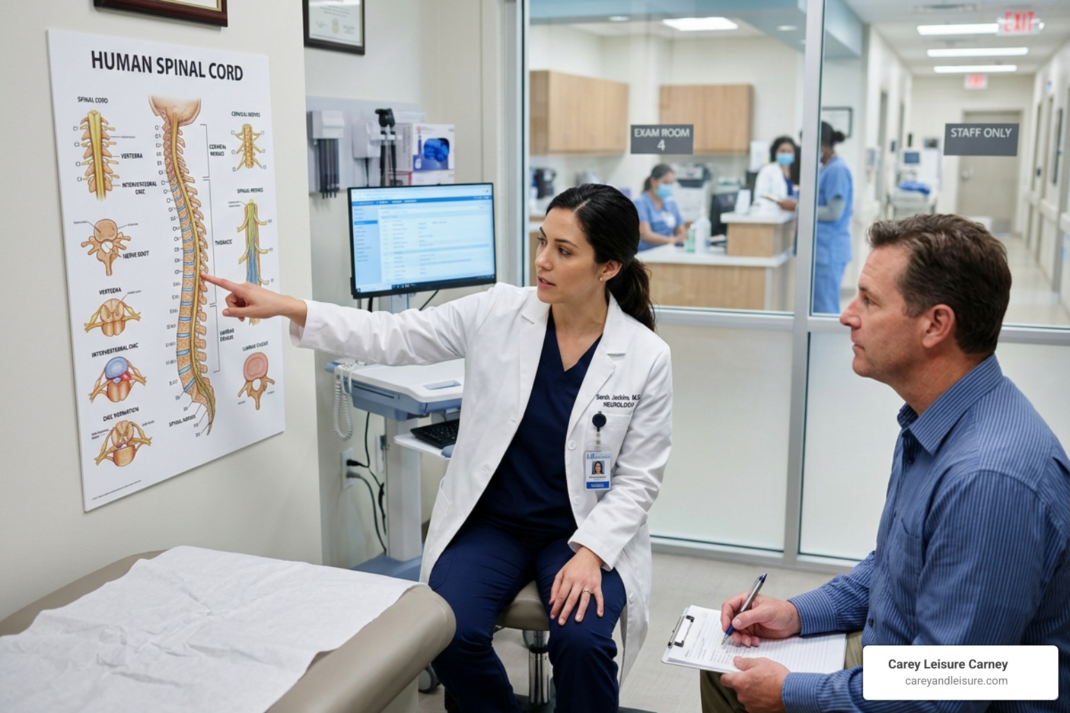 Medical professional explaining spinal cord diagram - chronic pain after car accident compensation