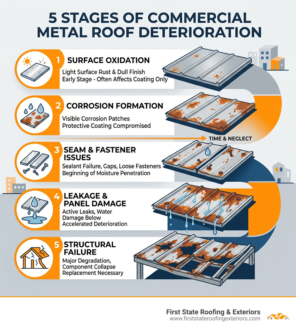 5 stages of commercial metal roof deterioration from surface oxidation to structural failure - commercial metal roof repair