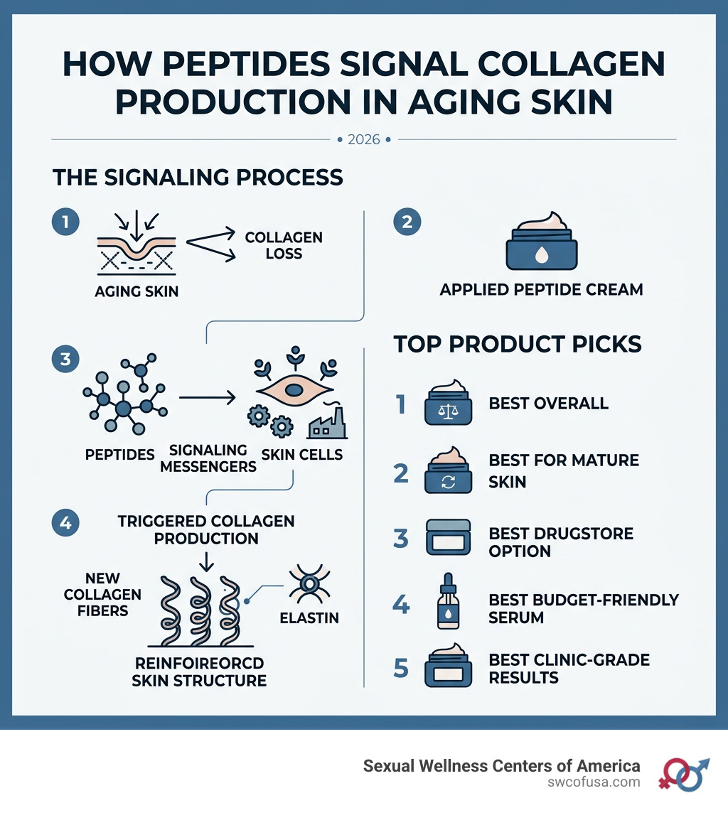 Infographic showing how peptides signal collagen production in aging skin with top product picks - best peptide creams Infographic showing how peptides signal collagen production in aging skin with top product picks - best peptide creams